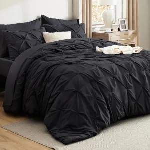 Bedsure Queen Comforter Set Black - Bed in a Bag Queen Size 7 Pieces, GentleSoft™ Pintuck Bed Set Gift for Family, Pinch Pleat Black Comforter with Sheets, Pillowcases & Shams