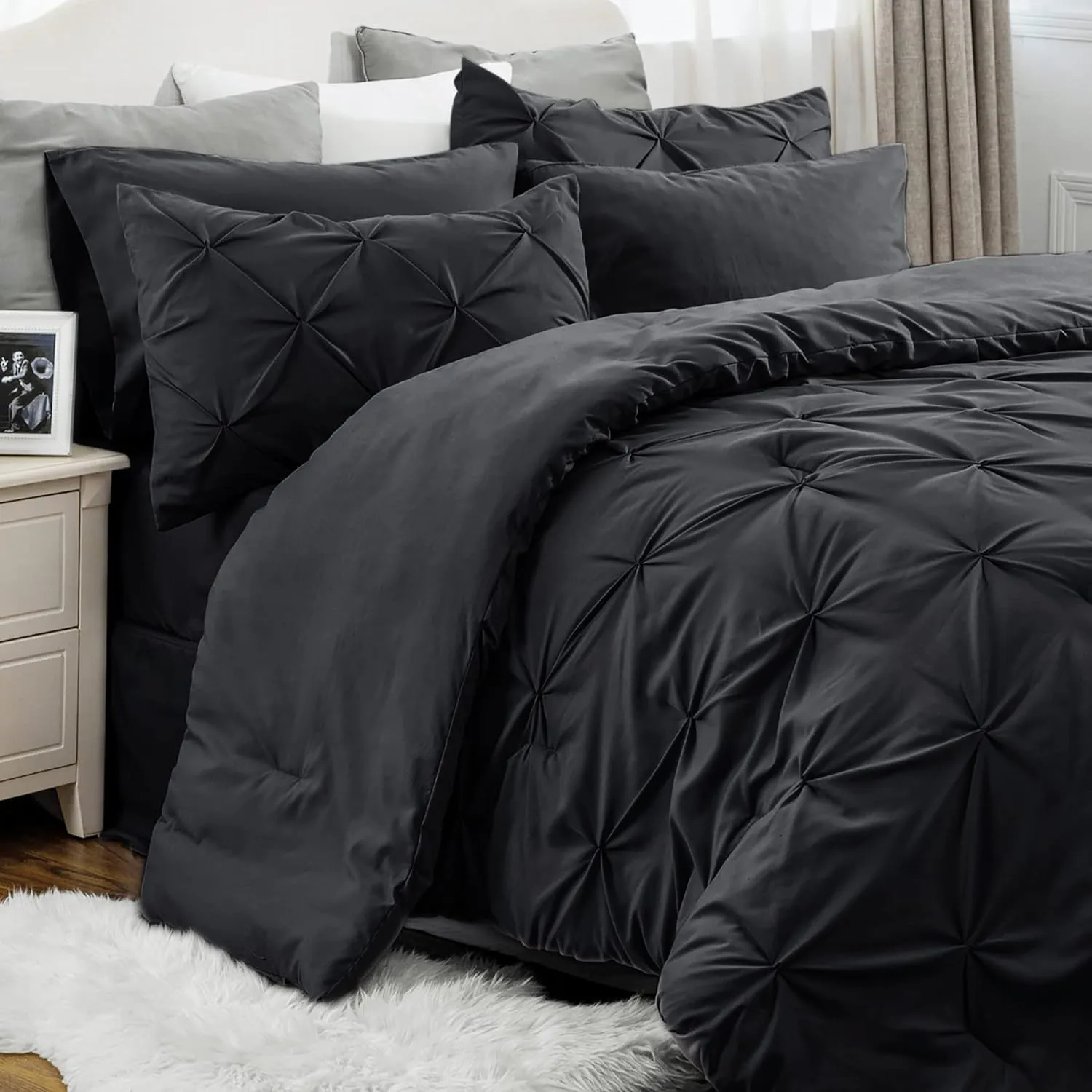 Bedsure Queen Comforter Set Black - Bed in a Bag Queen Size 7 Pieces, GentleSoft™ Pintuck Bed Set Gift for Family, Pinch Pleat Black Comforter with Sheets, Pillowcases & Shams