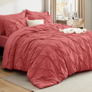 Bedsure Queen Comforter Set Coral Red - Bed in a Bag Queen Size 7 Pieces, GentleSoft™ Pintuck Bed Set Gift for Family, Pinch Pleat Coral Red Comforter with Sheets, Pillowcases & Shams