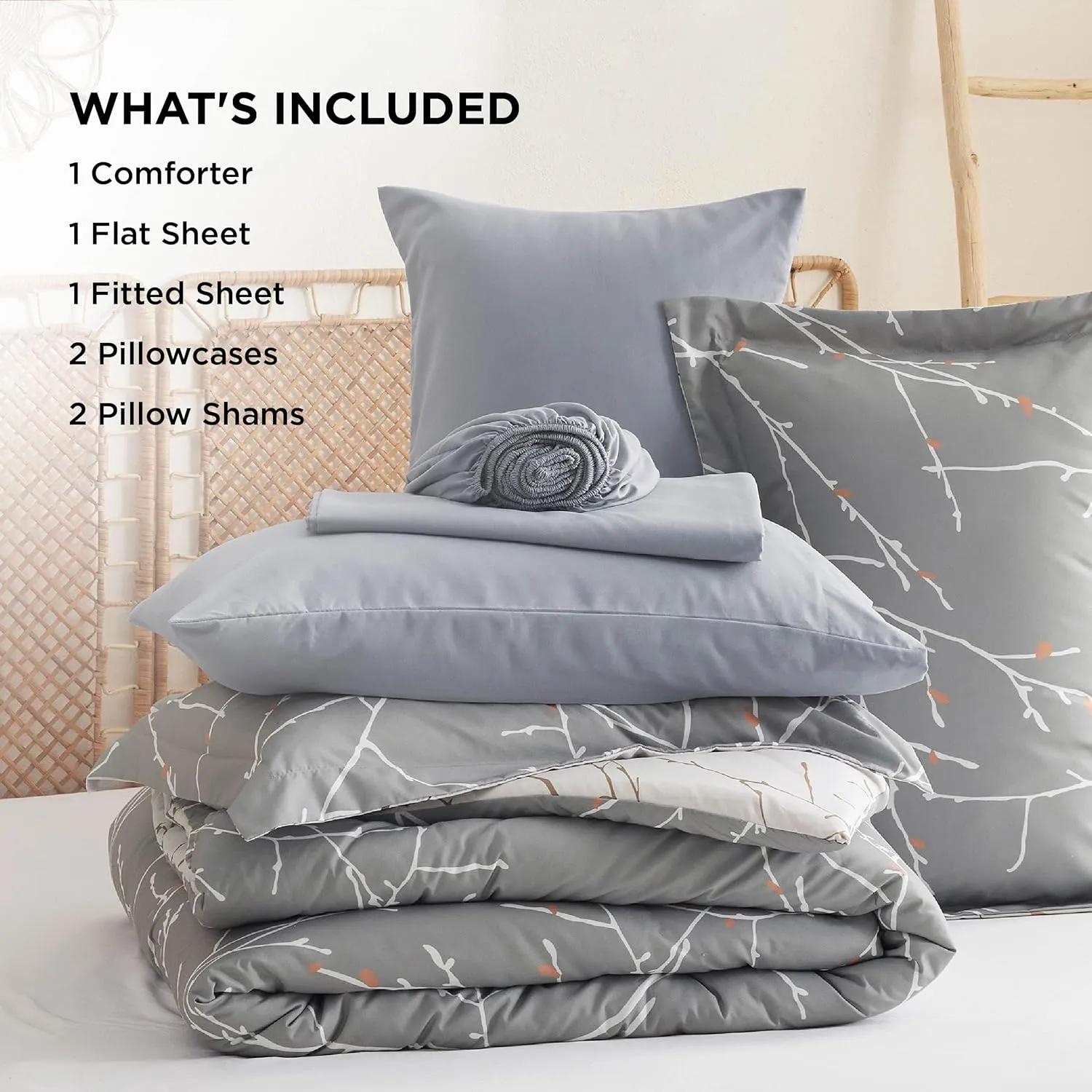 Bedsure Queen Comforter Sets - 7 Pieces Floral Smoky Grey Bed Set, Tree Branch Pattern Printed Bed in a Bag Queen with Comforter, Sheets, Pillowcases & Shams