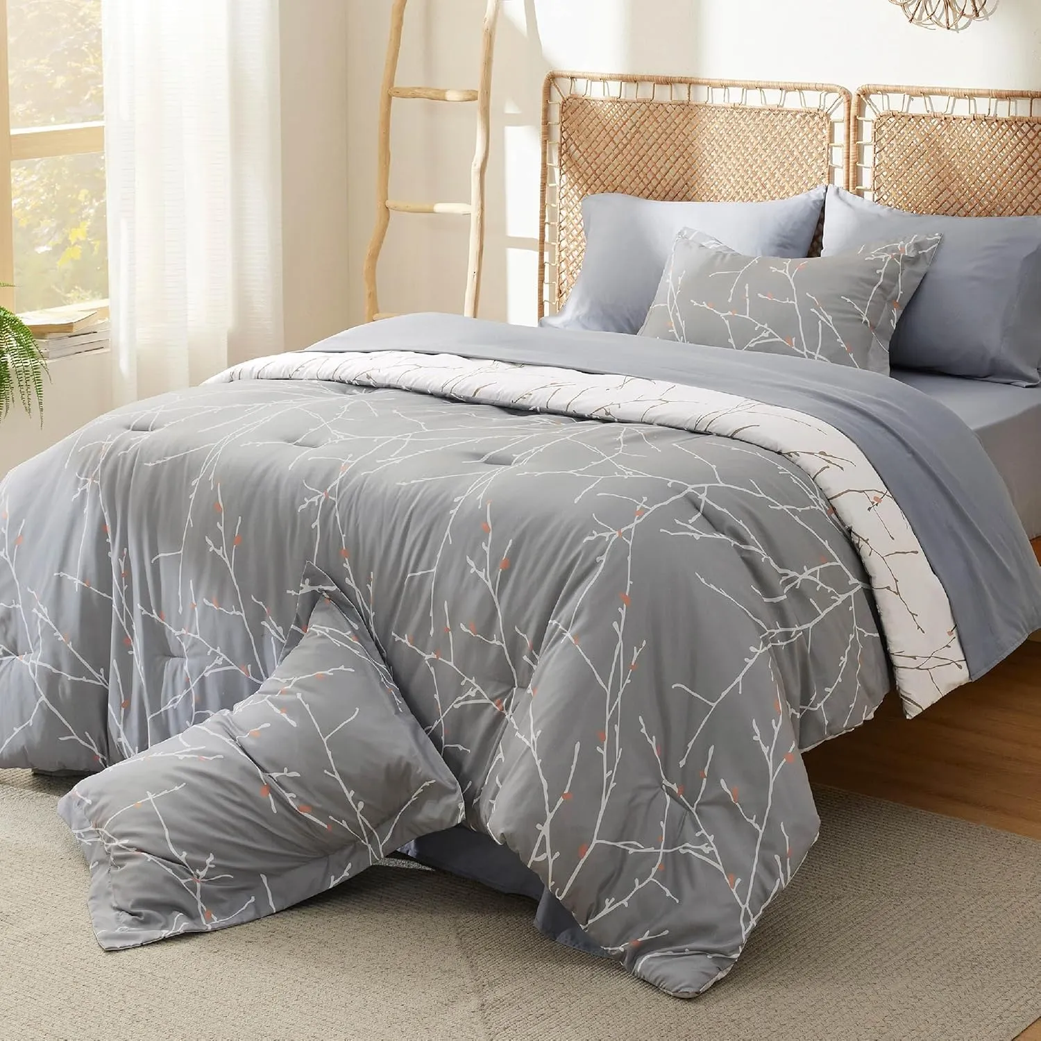 Bedsure Queen Comforter Sets - 7 Pieces Floral Smoky Grey Bed Set, Tree Branch Pattern Printed Bed in a Bag Queen with Comforter, Sheets, Pillowcases & Shams