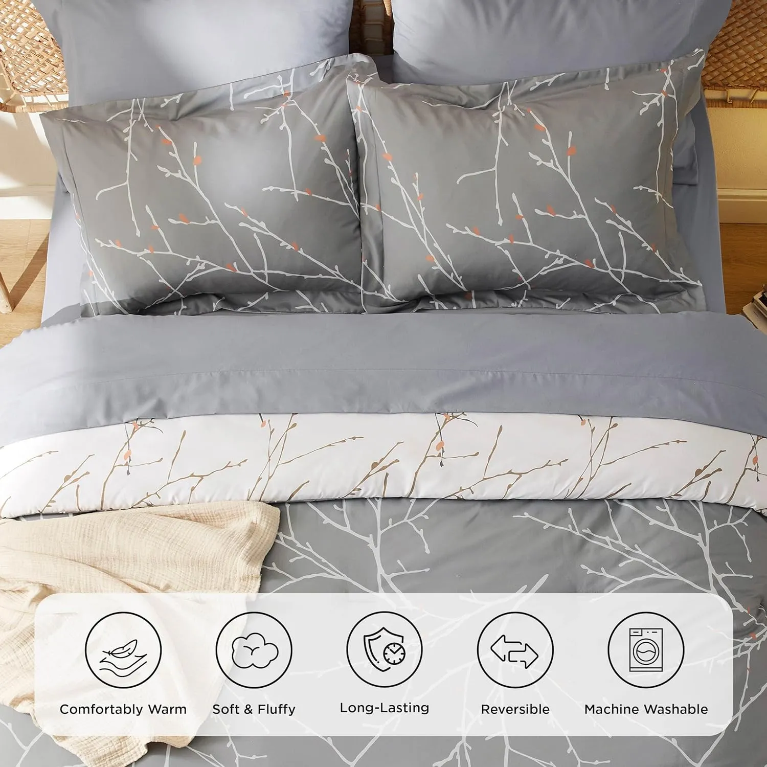 Bedsure Queen Comforter Sets - 7 Pieces Floral Smoky Grey Bed Set, Tree Branch Pattern Printed Bed in a Bag Queen with Comforter, Sheets, Pillowcases & Shams