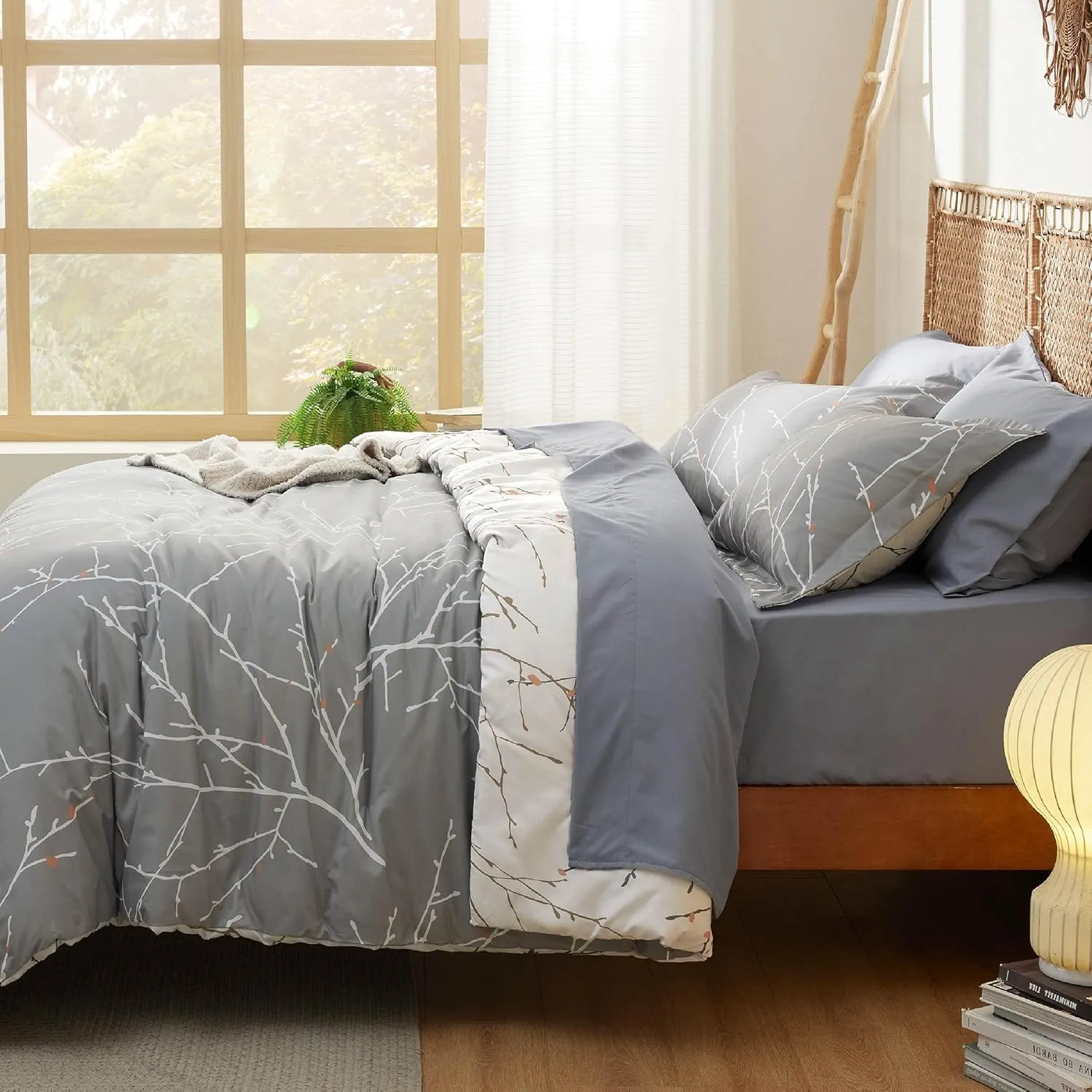 Bedsure Queen Comforter Sets - 7 Pieces Floral Smoky Grey Bed Set, Tree Branch Pattern Printed Bed in a Bag Queen with Comforter, Sheets, Pillowcases & Shams