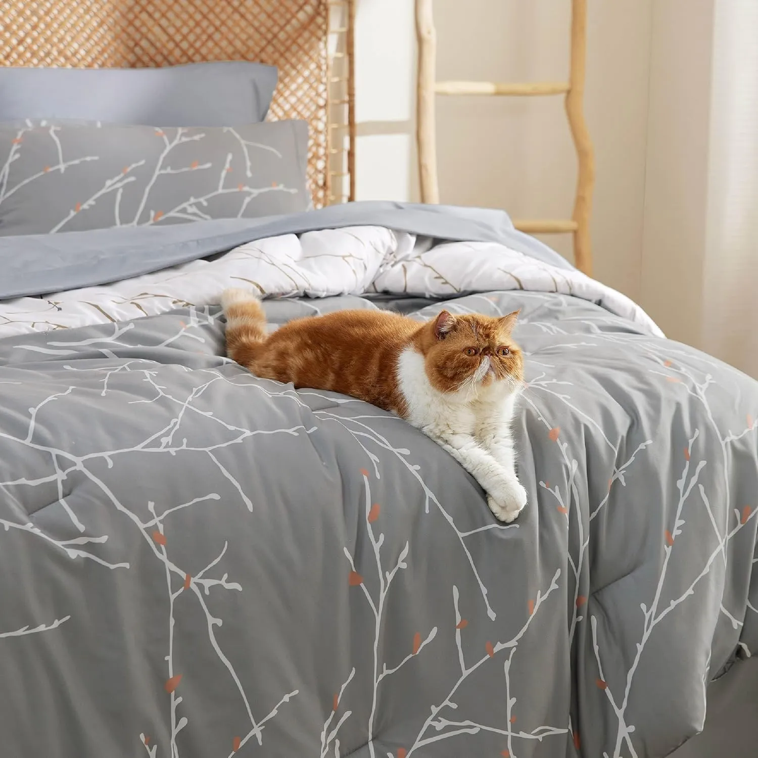 Bedsure Queen Comforter Sets - 7 Pieces Floral Smoky Grey Bed Set, Tree Branch Pattern Printed Bed in a Bag Queen with Comforter, Sheets, Pillowcases & Shams