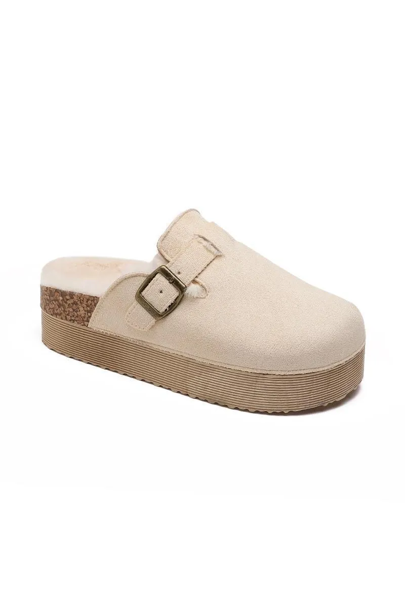 BEIGE CHUNKY FLUFFY INSOLE FLATFORM FAUX SUEDE SLIPPERS WITH BUCKLE