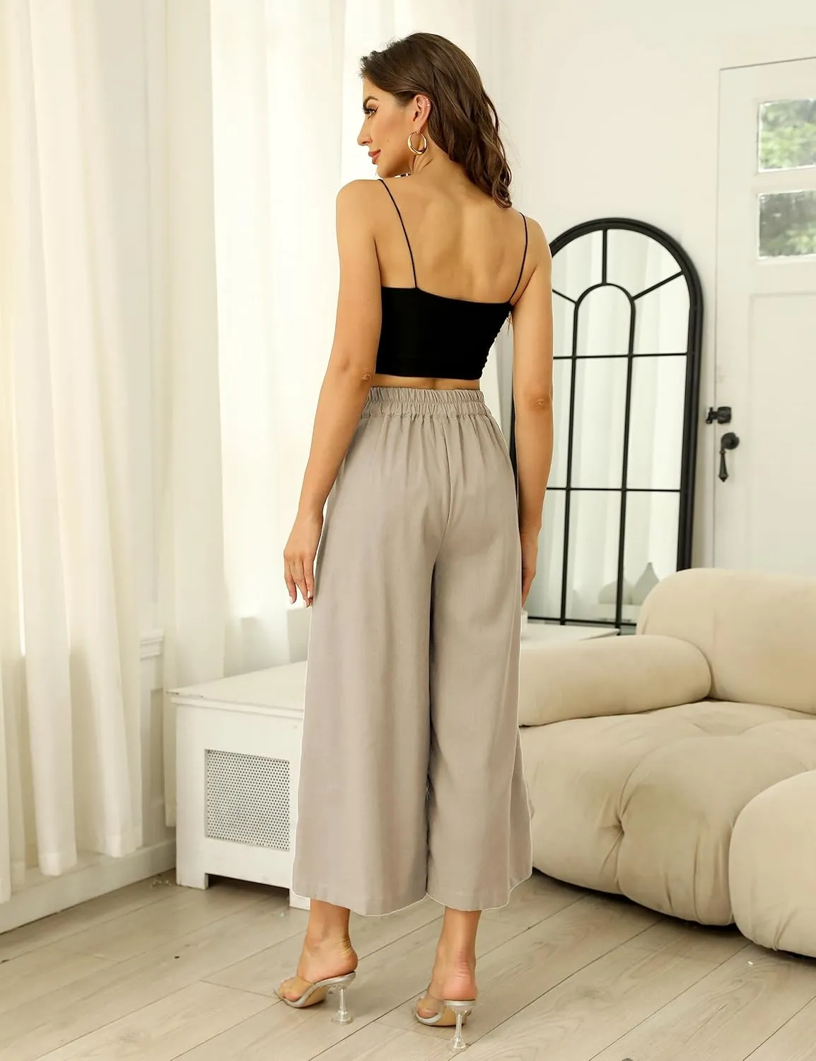 Bianstore Women's Culottes Linen Cropped Wide Leg Pants Elastic Waist Casual Palazzo Trousers with Pockets