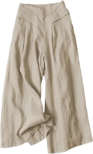 Bianstore Women's Culottes Linen Cropped Wide Leg Pants Elastic Waist Casual Palazzo Trousers with Pockets