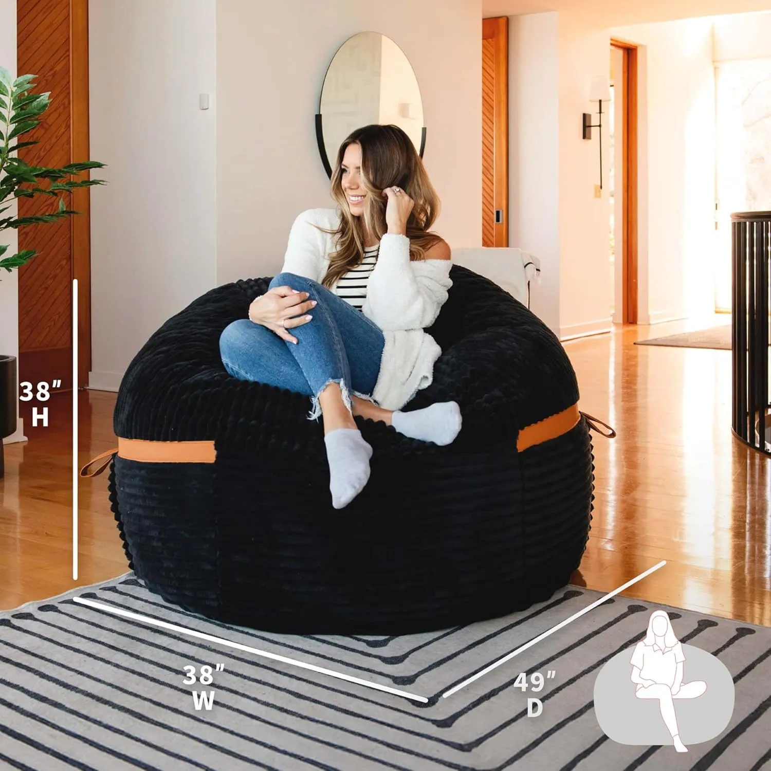 Big Joe Fuf Large Foam Filled Bean Bag Chair with Removable Cover, Black Licorice, Corded Plush, 4 feet Big