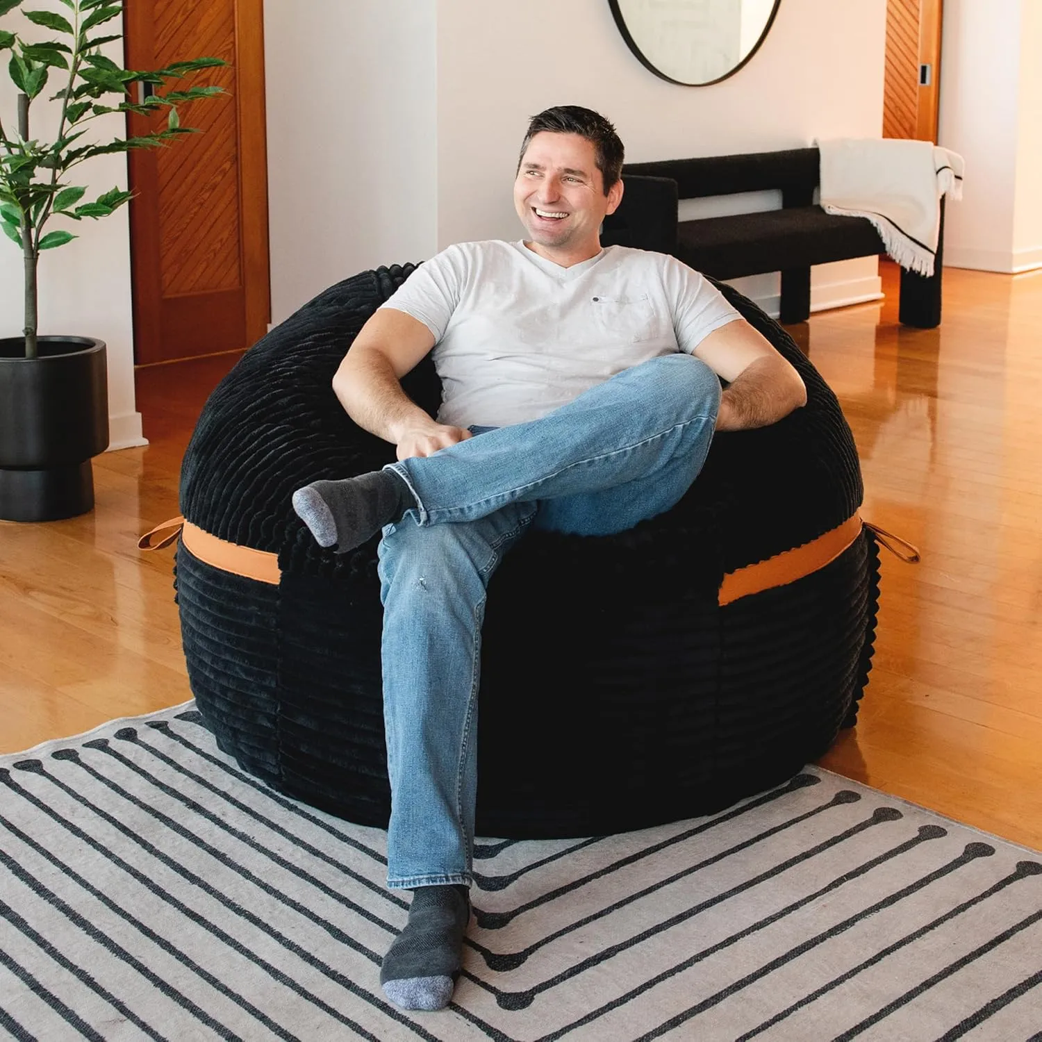 Big Joe Fuf Large Foam Filled Bean Bag Chair with Removable Cover, Black Licorice, Corded Plush, 4 feet Big