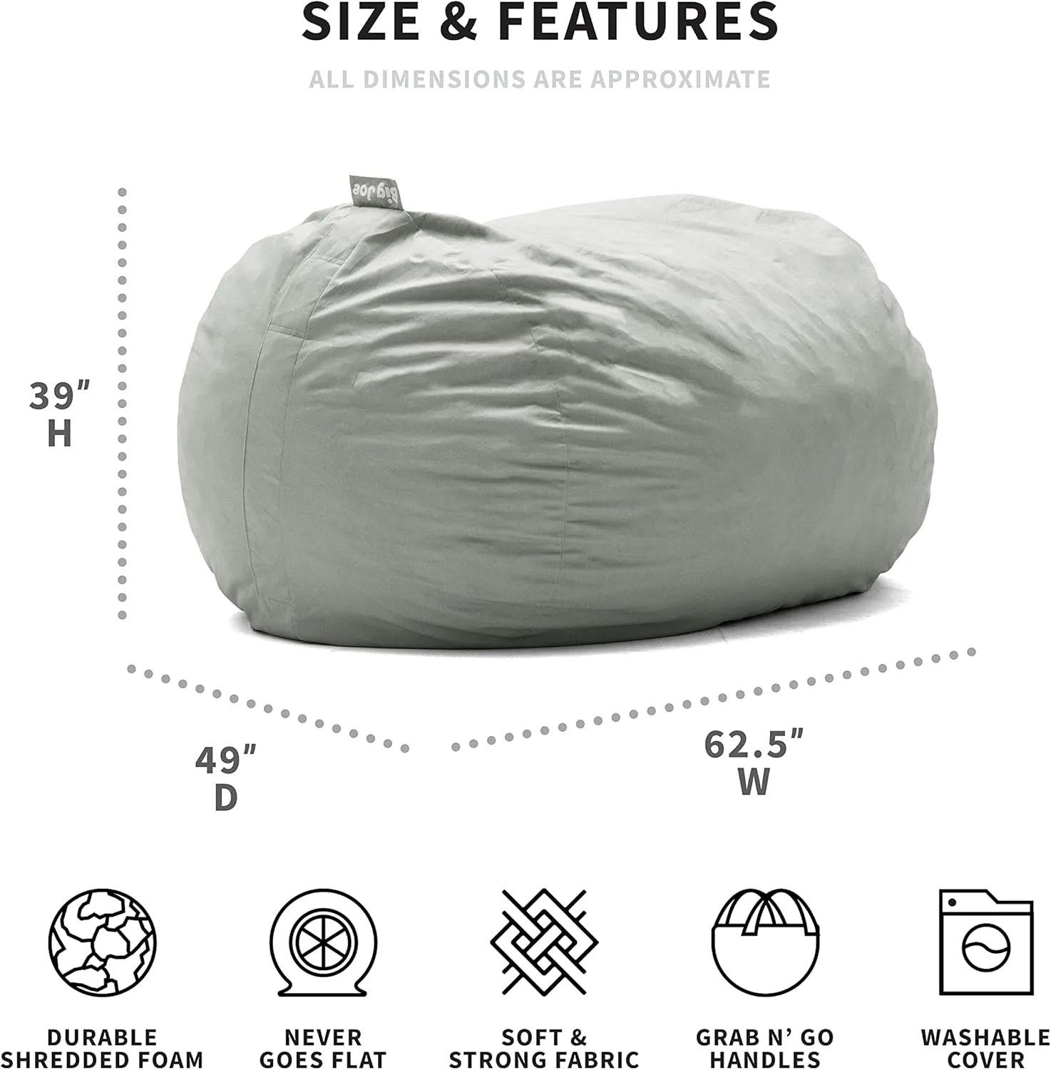 Big Joe Fuf XL Foam Filled Bean Bag Chair with Removable Cover, Fog Lenox, Durable Woven Polyester, 5 feet Giant