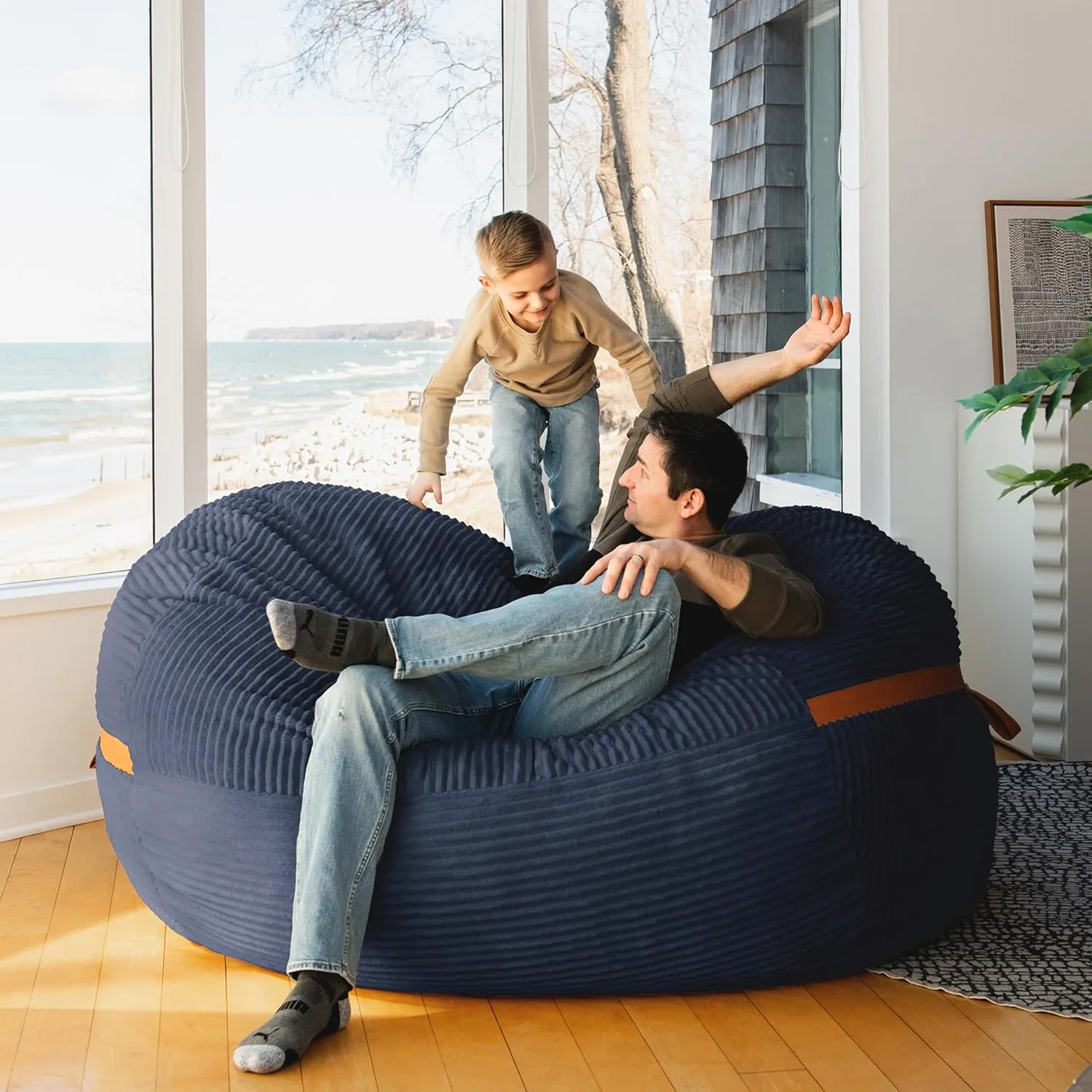 Big Joe Fuf XL Foam Filled Bean Bag Chair with Removable Cover, Midnight Blue Corded Plush, 6 feet Giant