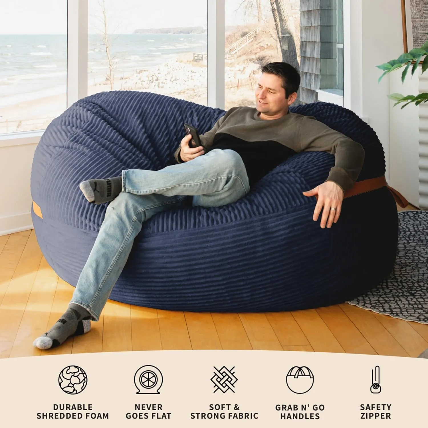 Big Joe Fuf XL Foam Filled Bean Bag Chair with Removable Cover, Midnight Blue Corded Plush, 6 feet Giant
