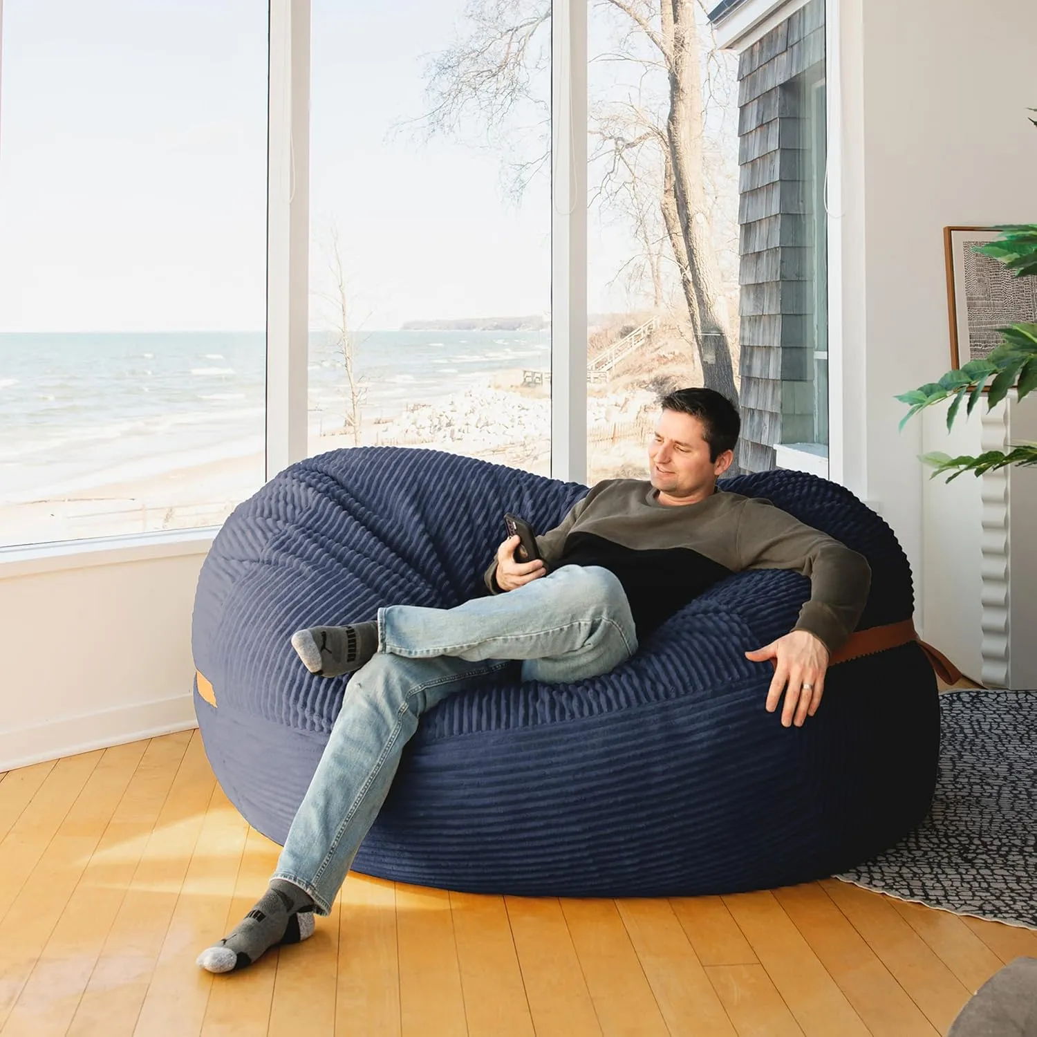 Big Joe Fuf XL Foam Filled Bean Bag Chair with Removable Cover, Midnight Blue Corded Plush, 6 feet Giant