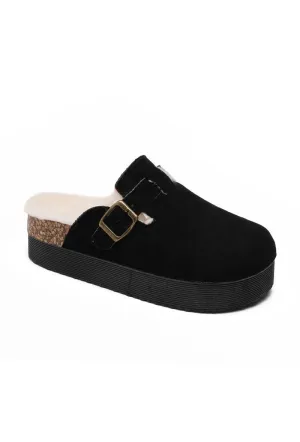 BLACK CHUNKY FLUFFY INSOLE FLATFORM FAUX SUEDE SLIPPERS WITH BUCKLE