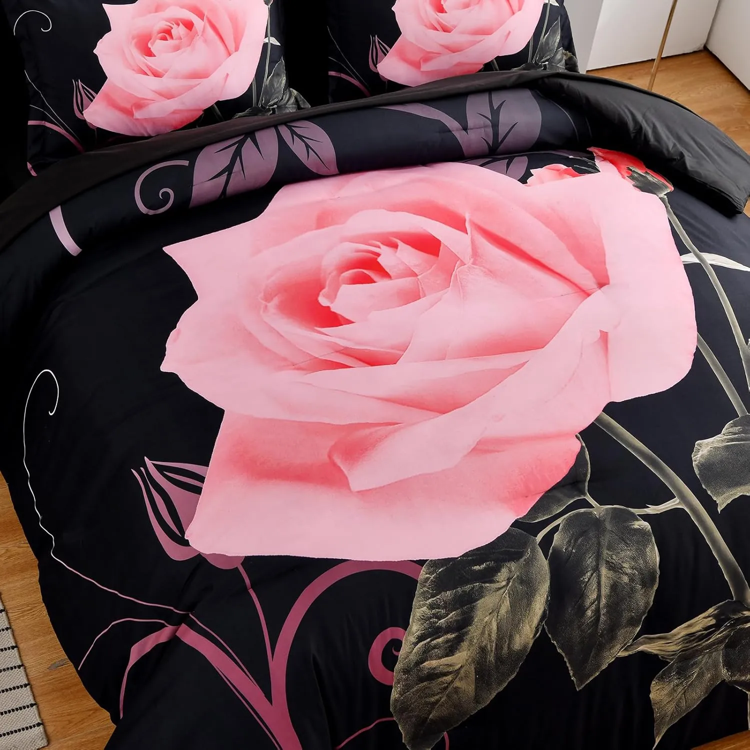 Blush Comforter Set King 7 Piece Bed in a Bag Blush Rose Flower Comforter with Sheet Set Soft Micorfiber Bedding Set (1 Comforter,2 Pillow Shams,1 Flat Sheet,1 Fitted Sheet,2 Pillowcases)