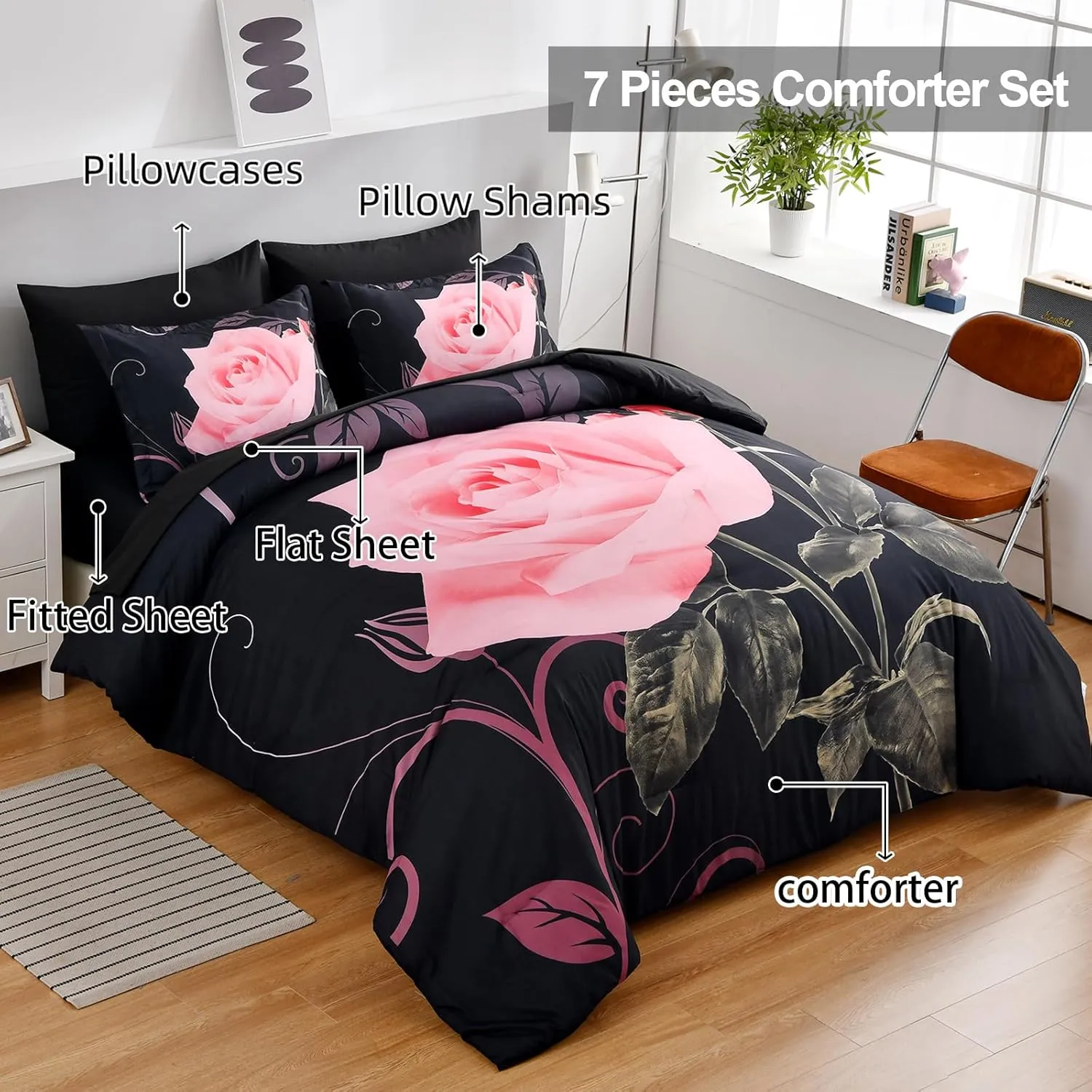 Blush Comforter Set King 7 Piece Bed in a Bag Blush Rose Flower Comforter with Sheet Set Soft Micorfiber Bedding Set (1 Comforter,2 Pillow Shams,1 Flat Sheet,1 Fitted Sheet,2 Pillowcases)