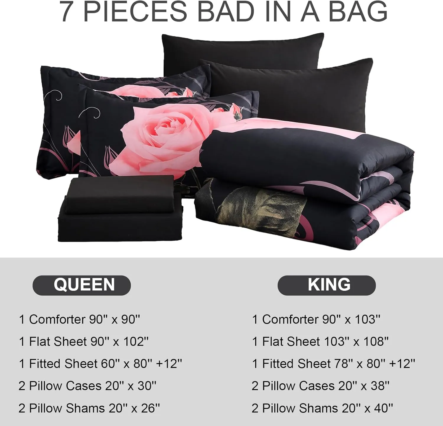 Blush Comforter Set King 7 Piece Bed in a Bag Blush Rose Flower Comforter with Sheet Set Soft Micorfiber Bedding Set (1 Comforter,2 Pillow Shams,1 Flat Sheet,1 Fitted Sheet,2 Pillowcases)