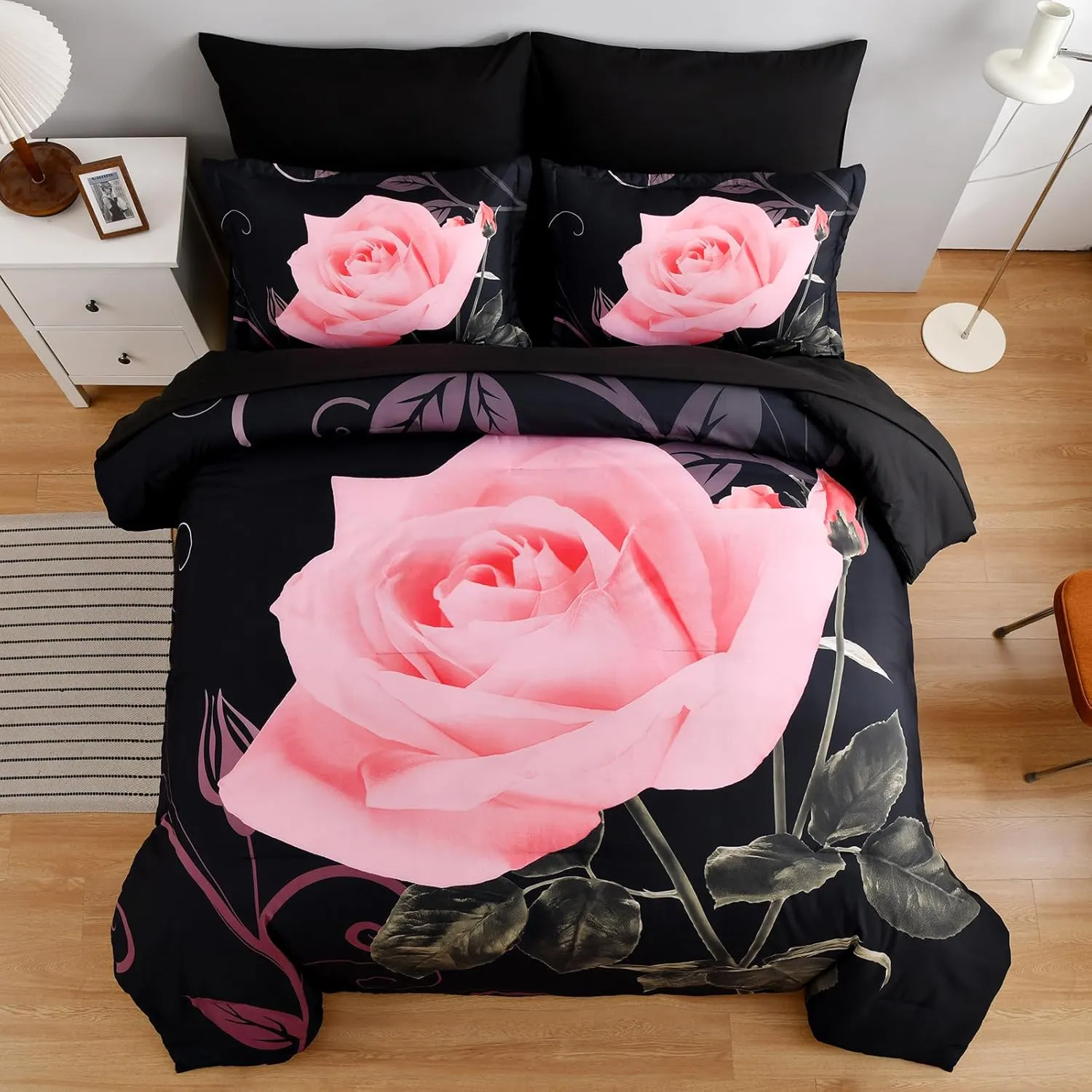 Blush Comforter Set King 7 Piece Bed in a Bag Blush Rose Flower Comforter with Sheet Set Soft Micorfiber Bedding Set (1 Comforter,2 Pillow Shams,1 Flat Sheet,1 Fitted Sheet,2 Pillowcases)