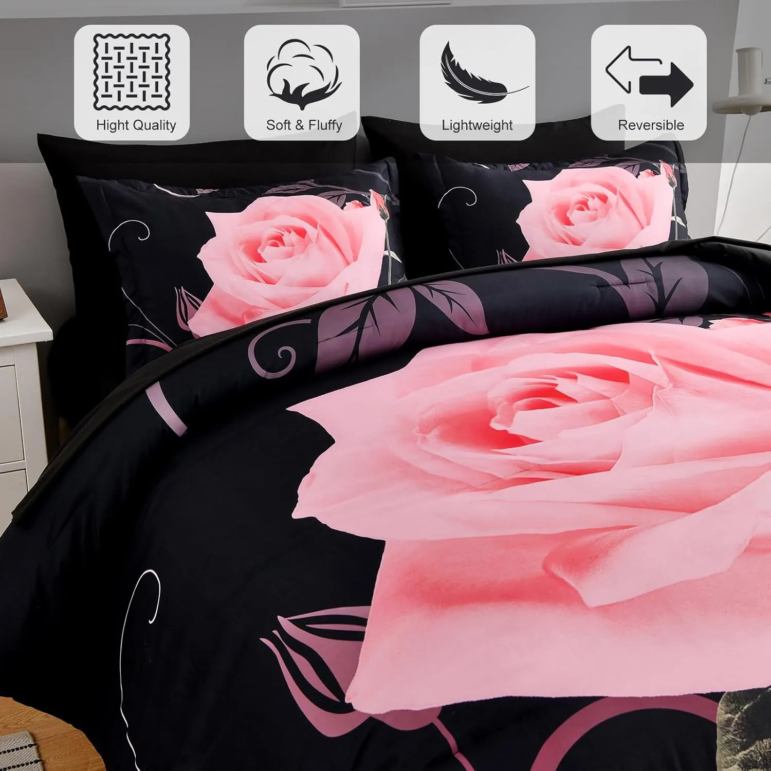 Blush Comforter Set King 7 Piece Bed in a Bag Blush Rose Flower Comforter with Sheet Set Soft Micorfiber Bedding Set (1 Comforter,2 Pillow Shams,1 Flat Sheet,1 Fitted Sheet,2 Pillowcases)