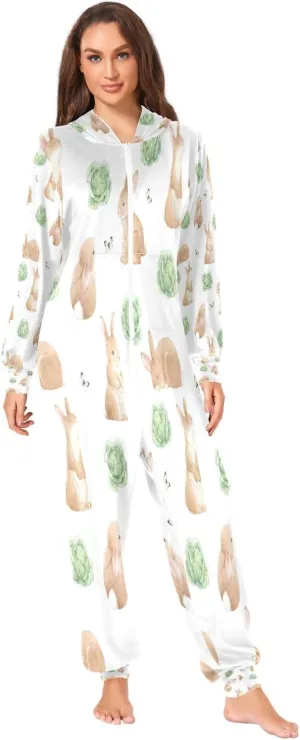 Boccsty Watercolor Rabbits Cabbage Women Onesies Pajamas Jumpsuit Men Sleepwear PJs S