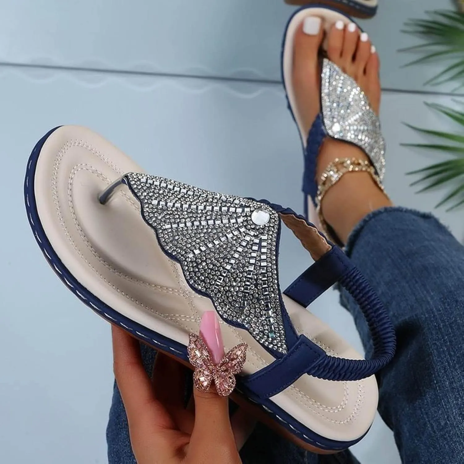 Boho T-Strap Flat Sandal for Women Stylish Rhinestone Thong Sandals Elastic Strap Beach Footwear for Summer Casual