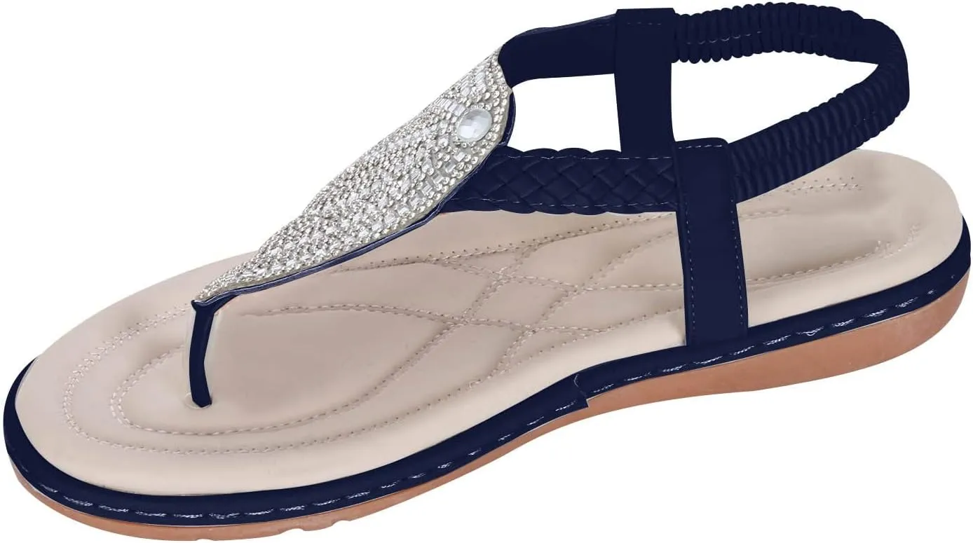 Boho T-Strap Flat Sandal for Women Stylish Rhinestone Thong Sandals Elastic Strap Beach Footwear for Summer Casual