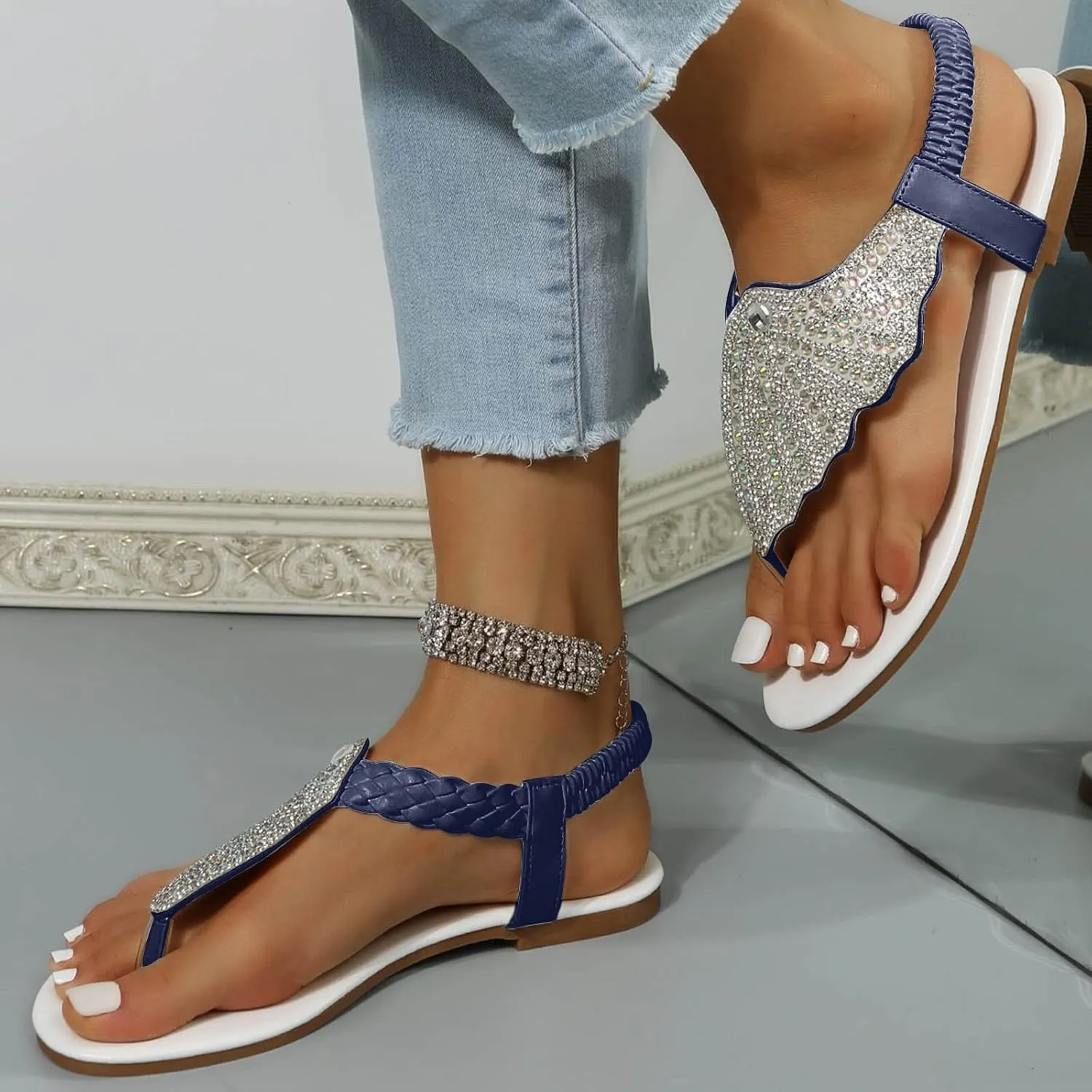 Boho T-Strap Flat Sandal for Women Stylish Rhinestone Thong Sandals Elastic Strap Beach Footwear for Summer Casual