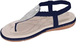 Boho T-Strap Flat Sandal for Women Stylish Rhinestone Thong Sandals Elastic Strap Beach Footwear for Summer Casual
