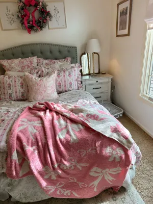 Bow Reversible Blanket - Pink / White