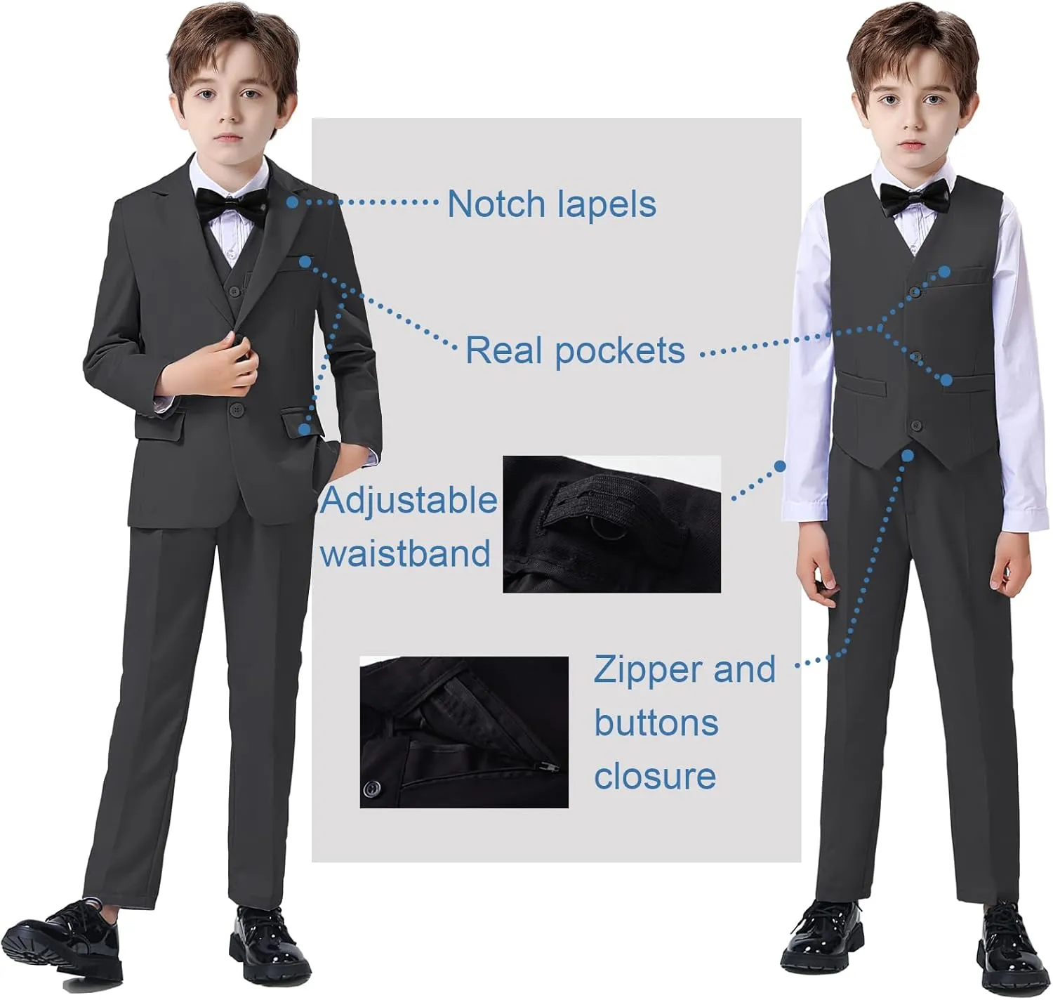 Boy Suits 5 Pieces Formal Suit Set with Adjustable Waist Kids Dress Suit for Wedding Prom