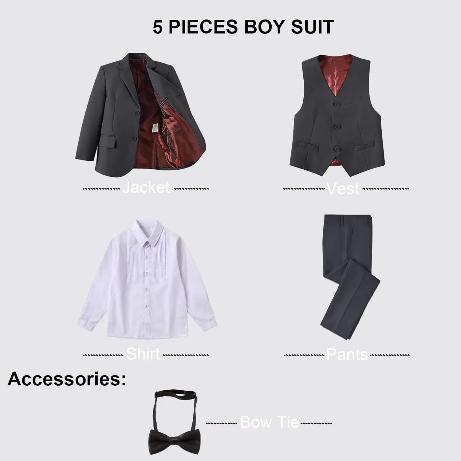 Boy Suits 5 Pieces Formal Suit Set with Adjustable Waist Kids Dress Suit for Wedding Prom