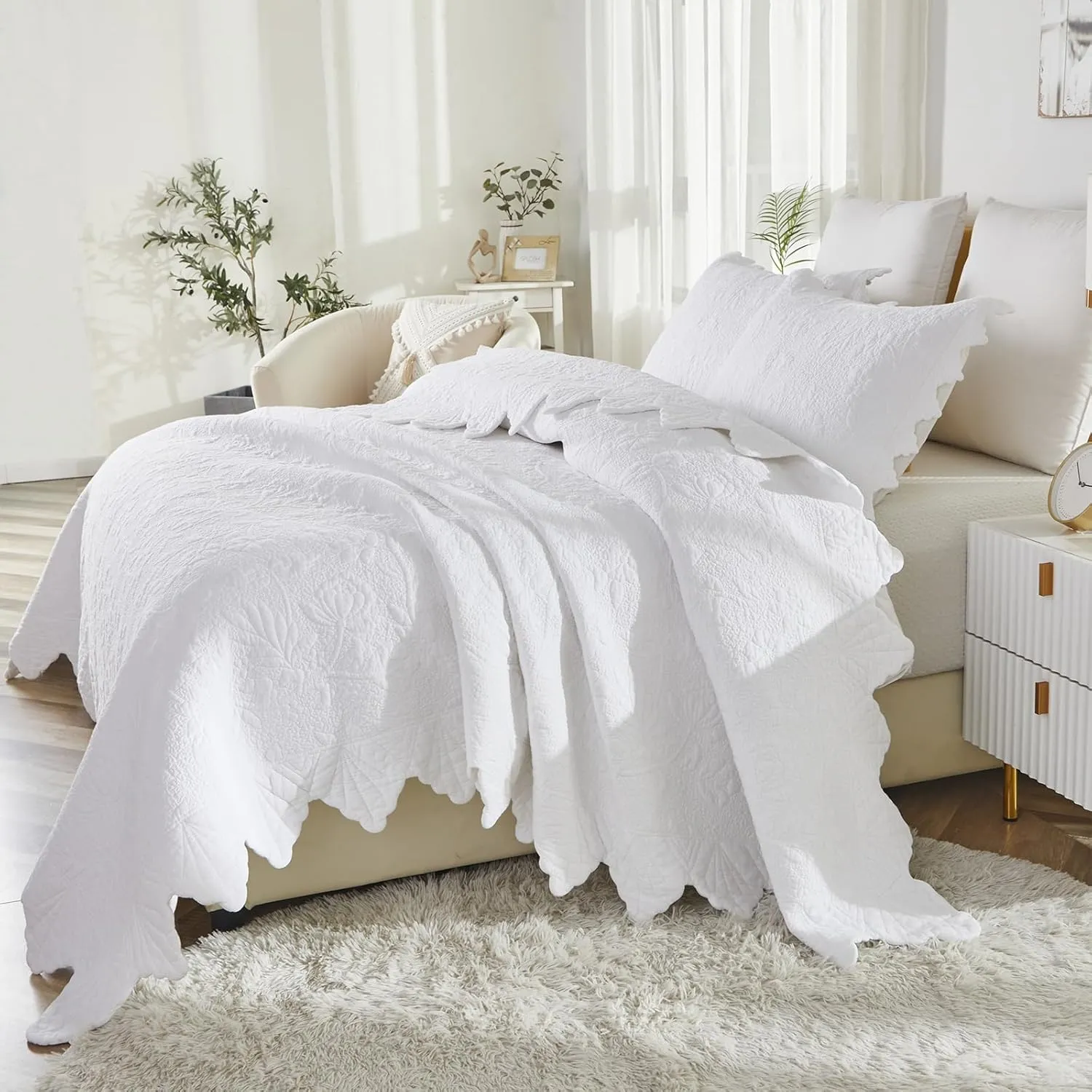 Brandream White Quilts Set Queen Size Bedspreads Farmhouse Bedding 100% Cotton Quilted Bedspreads