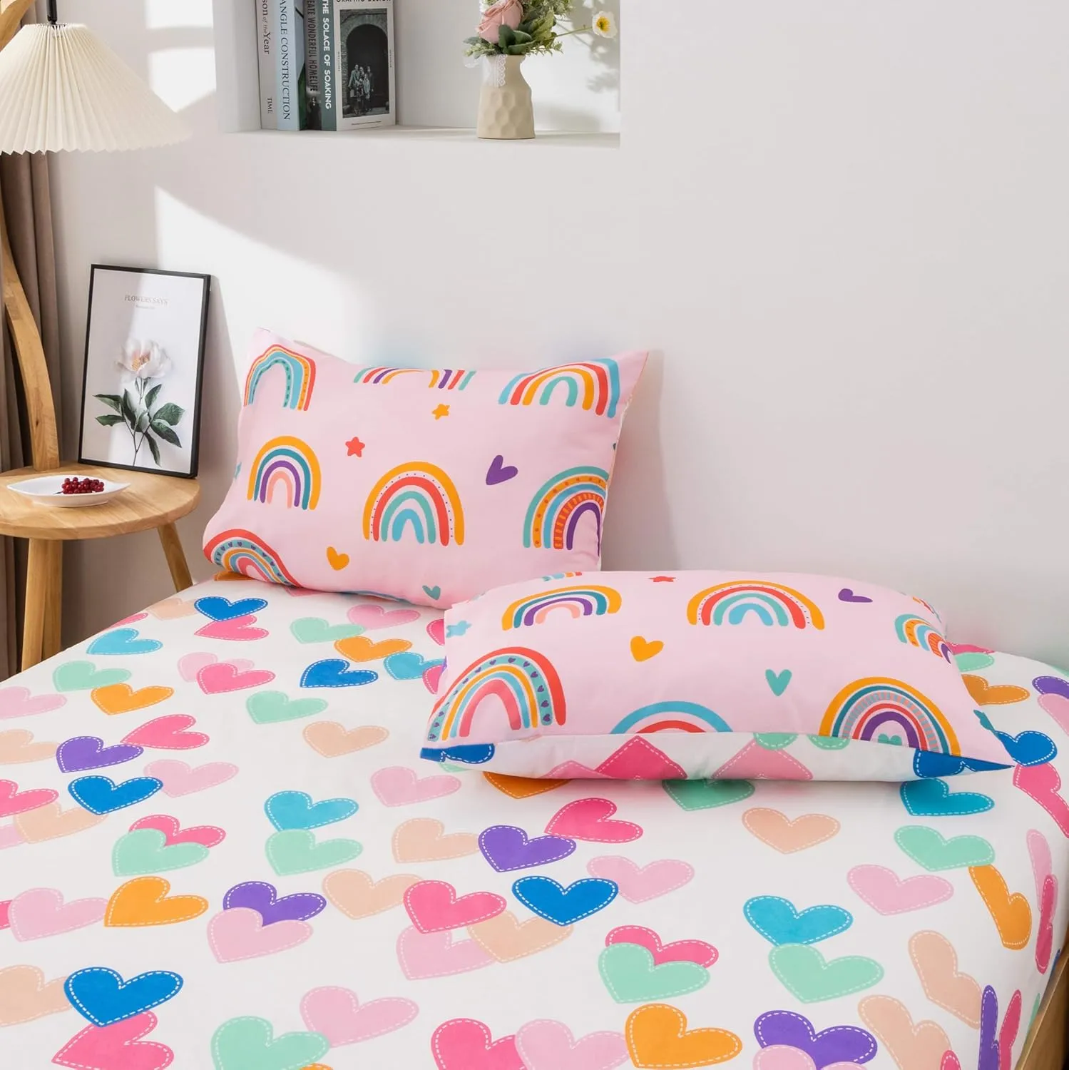Btargot 5 Piece Blush Rainbow Comforter Set for Girls Boys Kids, Cartoon Suns and Stars Bedding Set, Bed in a Bag with Comforter, Sheets and Pillowcases,Full