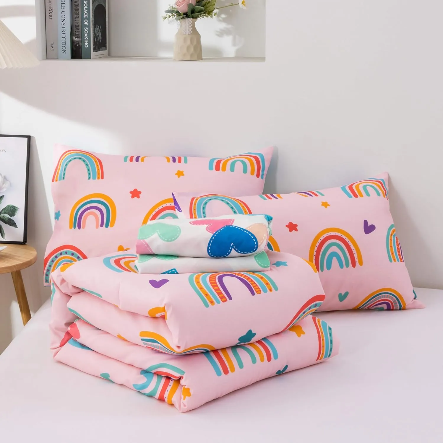 Btargot 5 Piece Blush Rainbow Comforter Set for Girls Boys Kids, Cartoon Suns and Stars Bedding Set, Bed in a Bag with Comforter, Sheets and Pillowcases,Full