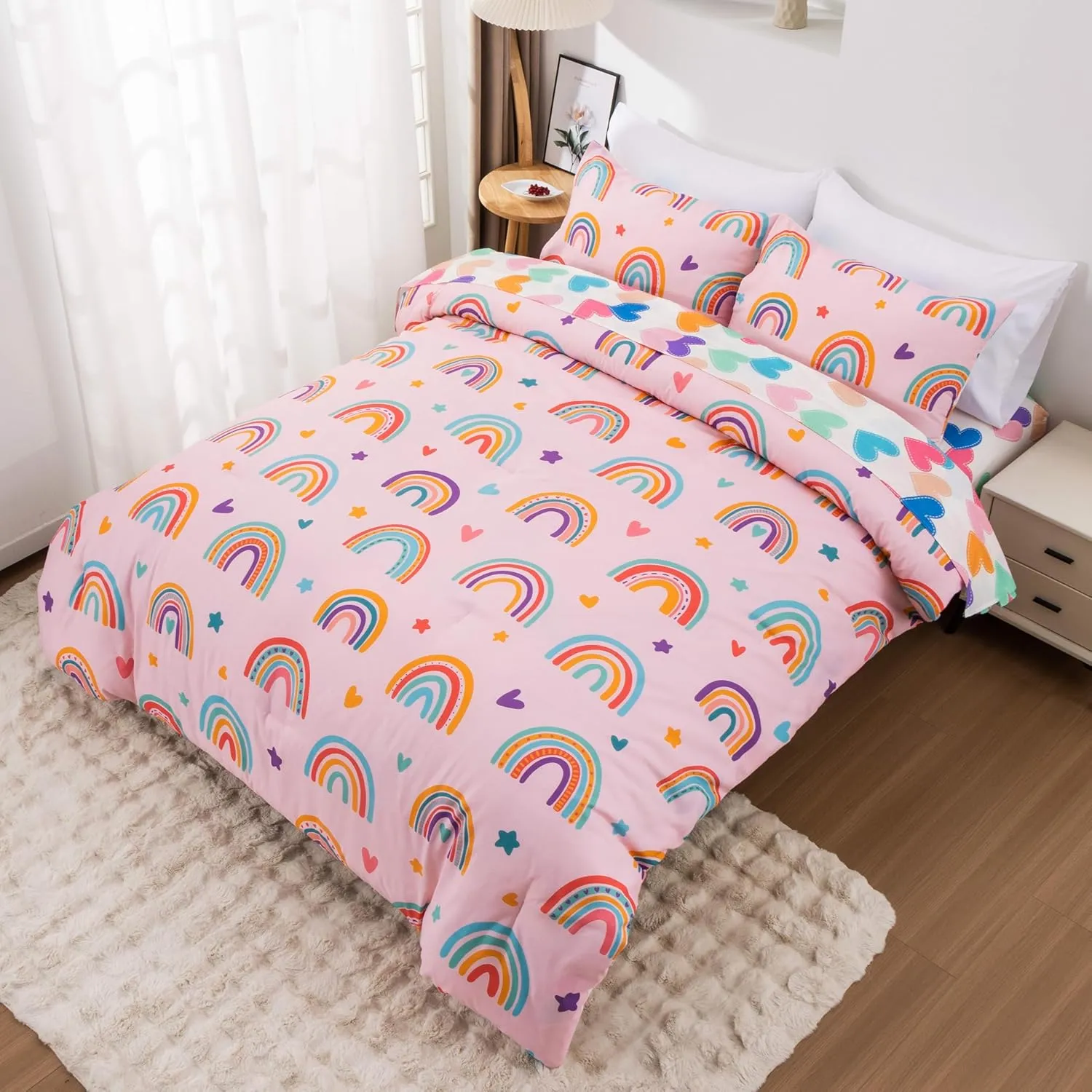 Btargot 5 Piece Blush Rainbow Comforter Set for Girls Boys Kids, Cartoon Suns and Stars Bedding Set, Bed in a Bag with Comforter, Sheets and Pillowcases,Full