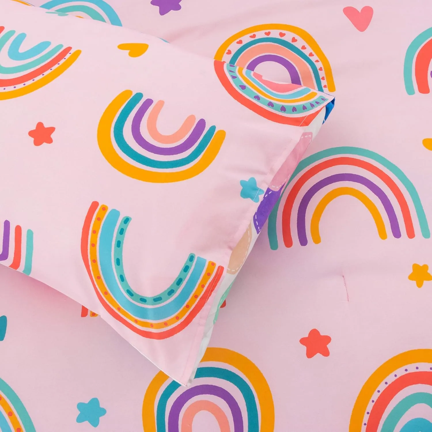 Btargot 5 Piece Blush Rainbow Comforter Set for Girls Boys Kids, Cartoon Suns and Stars Bedding Set, Bed in a Bag with Comforter, Sheets and Pillowcases,Full