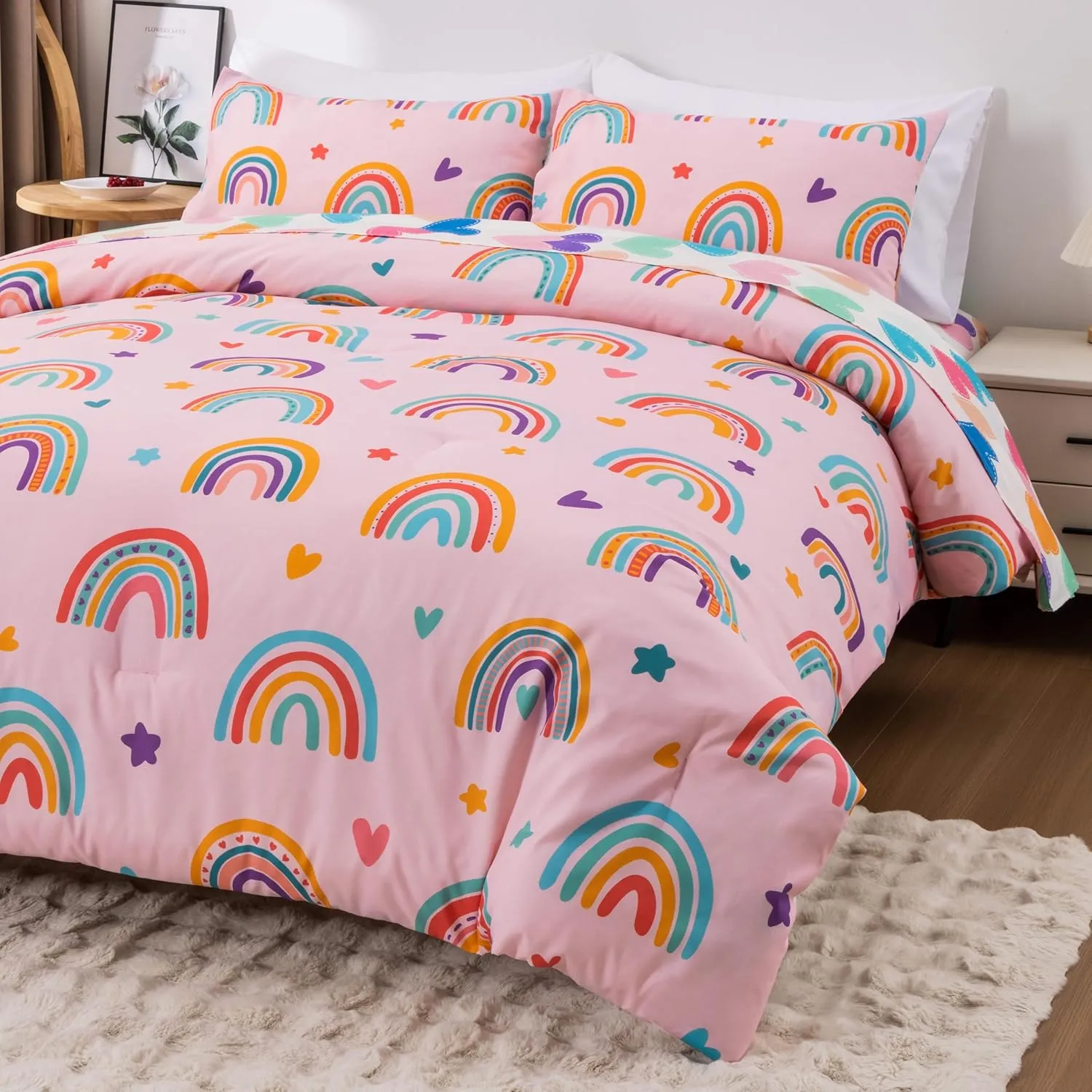 Btargot 5 Piece Blush Rainbow Comforter Set for Girls Boys Kids, Cartoon Suns and Stars Bedding Set, Bed in a Bag with Comforter, Sheets and Pillowcases,Full