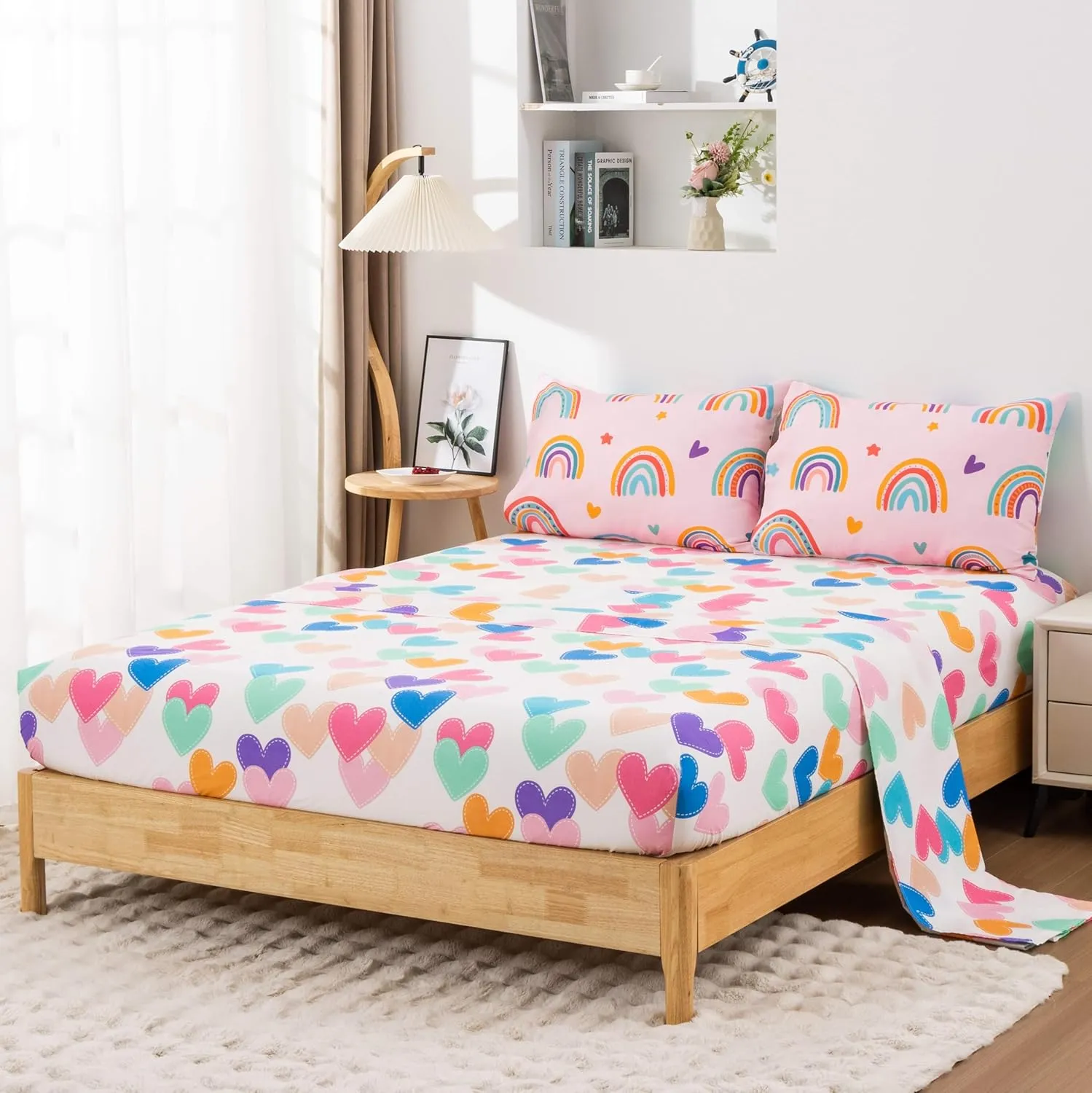 Btargot 5 Piece Blush Rainbow Comforter Set for Girls Boys Kids, Cartoon Suns and Stars Bedding Set, Bed in a Bag with Comforter, Sheets and Pillowcases,Full