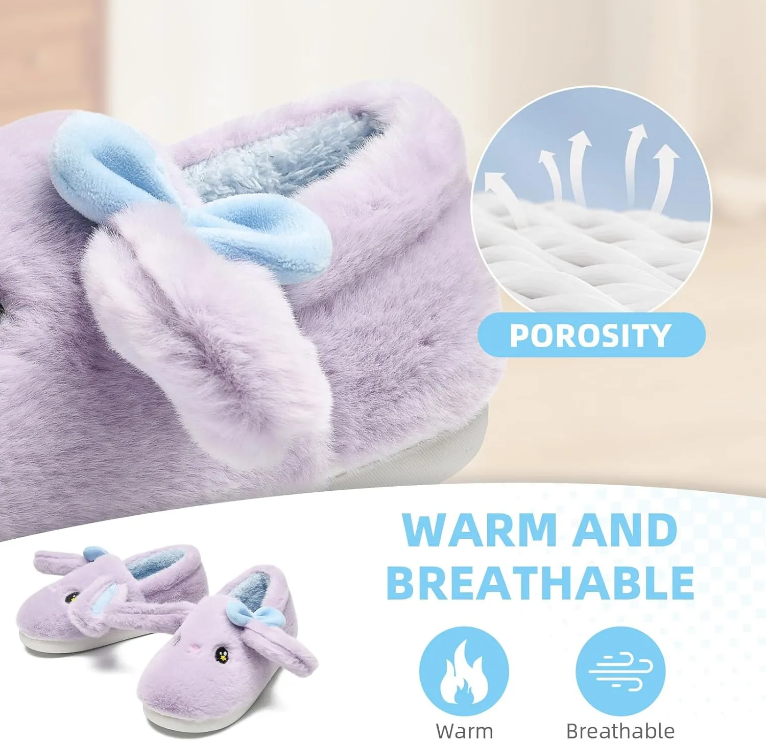Bunny Cute Toddler Slippers for Girls Women, Fluffy Warm House Slippers for Kids Indoor Outdoor, Non Slip Comfy Memory Foam Closed Back Home Shoes
