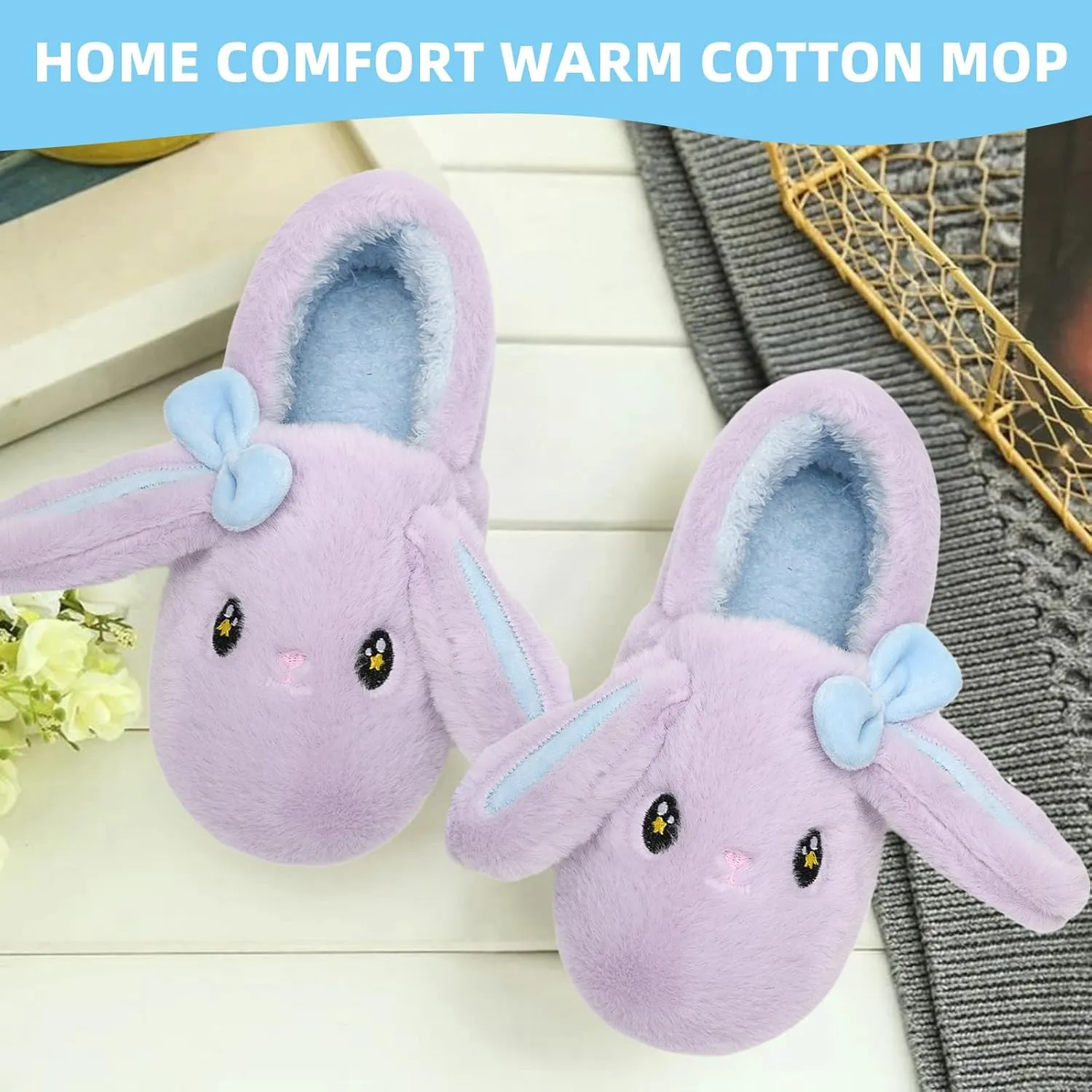 Bunny Cute Toddler Slippers for Girls Women, Fluffy Warm House Slippers for Kids Indoor Outdoor, Non Slip Comfy Memory Foam Closed Back Home Shoes