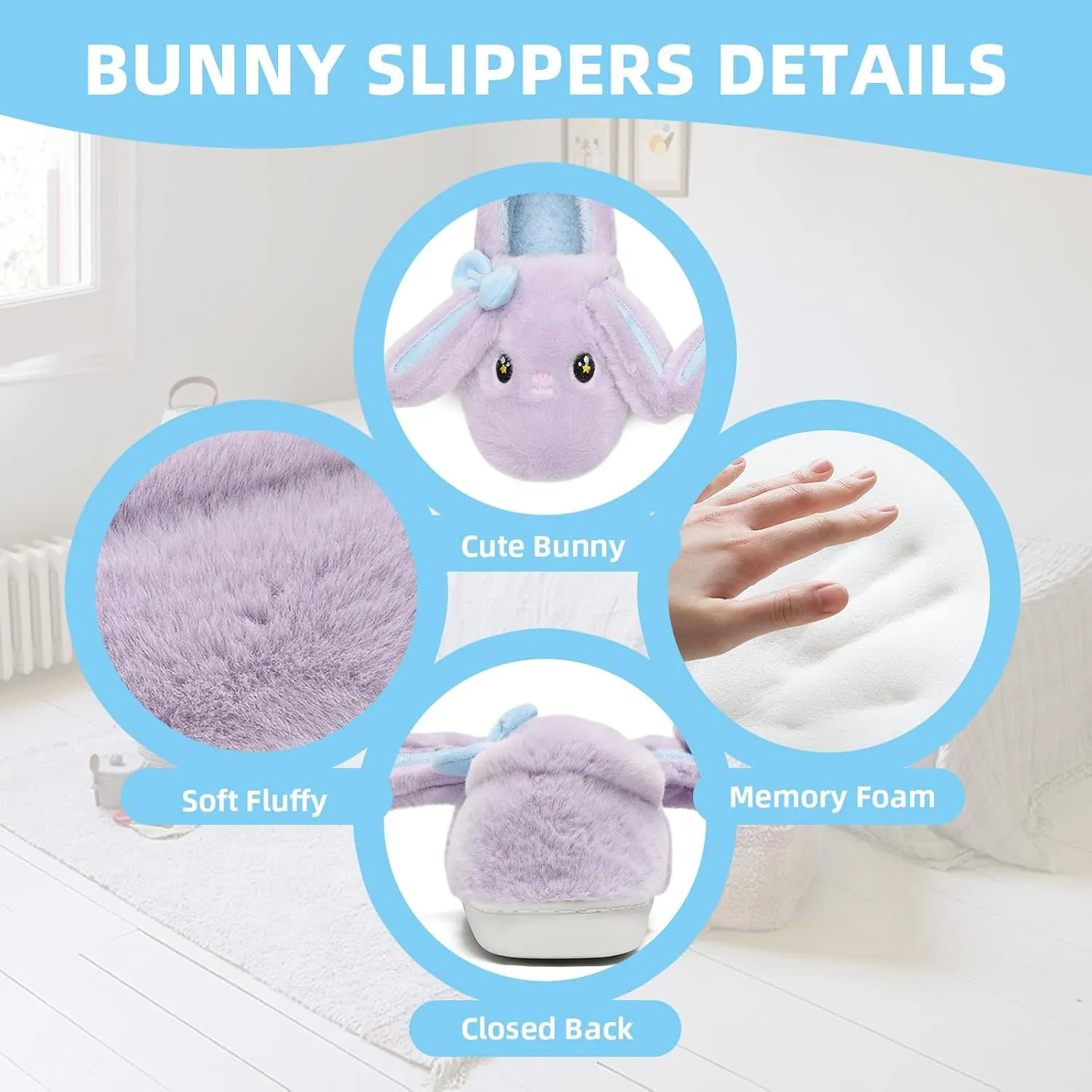 Bunny Cute Toddler Slippers for Girls Women, Fluffy Warm House Slippers for Kids Indoor Outdoor, Non Slip Comfy Memory Foam Closed Back Home Shoes