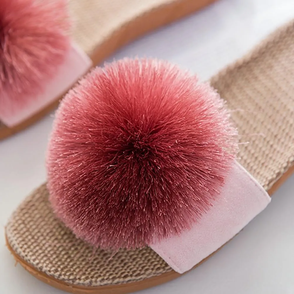 Caistre Women's House Slippers Open Toe Linen Flat Slide Sandals Fluffy Pompom Cozy Flat Slippers Sandals Non-Slip Home Shoes 2025