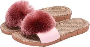 Caistre Women's House Slippers Open Toe Linen Flat Slide Sandals Fluffy Pompom Cozy Flat Slippers Sandals Non-Slip Home Shoes 2025