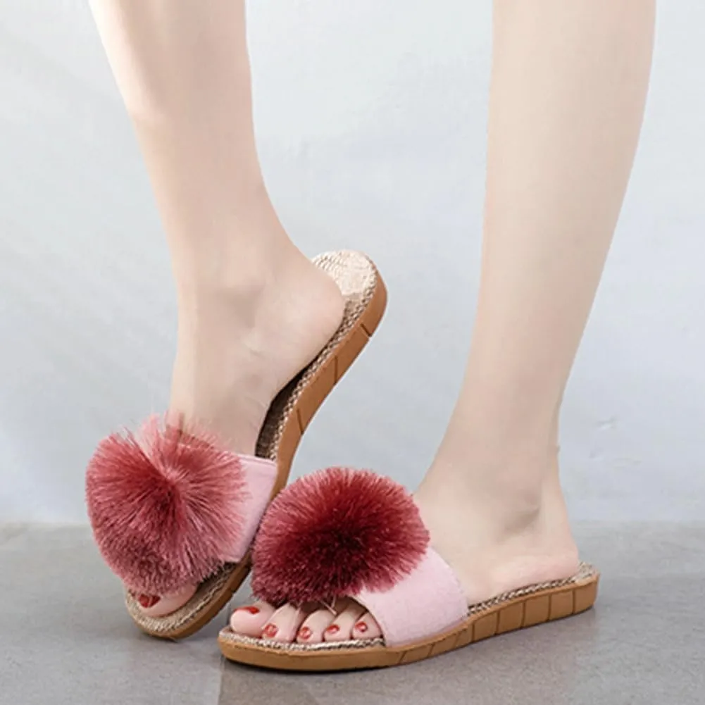 Caistre Women's House Slippers Open Toe Linen Flat Slide Sandals Fluffy Pompom Cozy Flat Slippers Sandals Non-Slip Home Shoes 2025