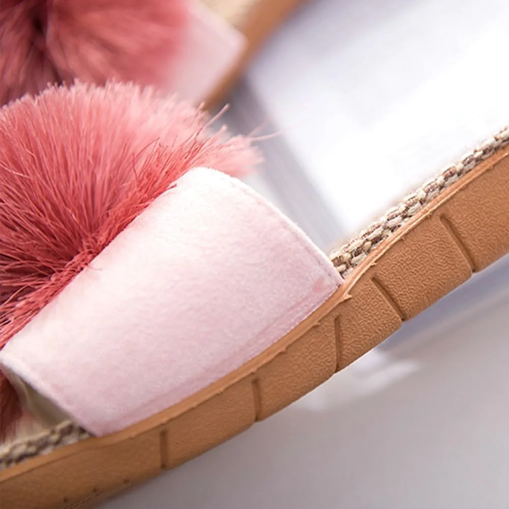 Caistre Women's House Slippers Open Toe Linen Flat Slide Sandals Fluffy Pompom Cozy Flat Slippers Sandals Non-Slip Home Shoes 2025