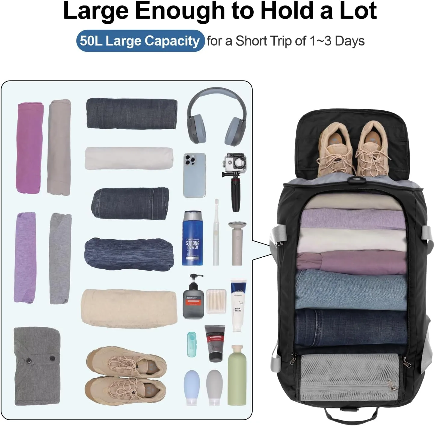 Cambond Airport Luggage Checked Bag - 50L Travel Duffle Bag for 3-4 Day Short Trip, Compact Foldable Travel Duffel Bags for Traveling with Shoe Compartment for Men Women, Checked Luggage, Black