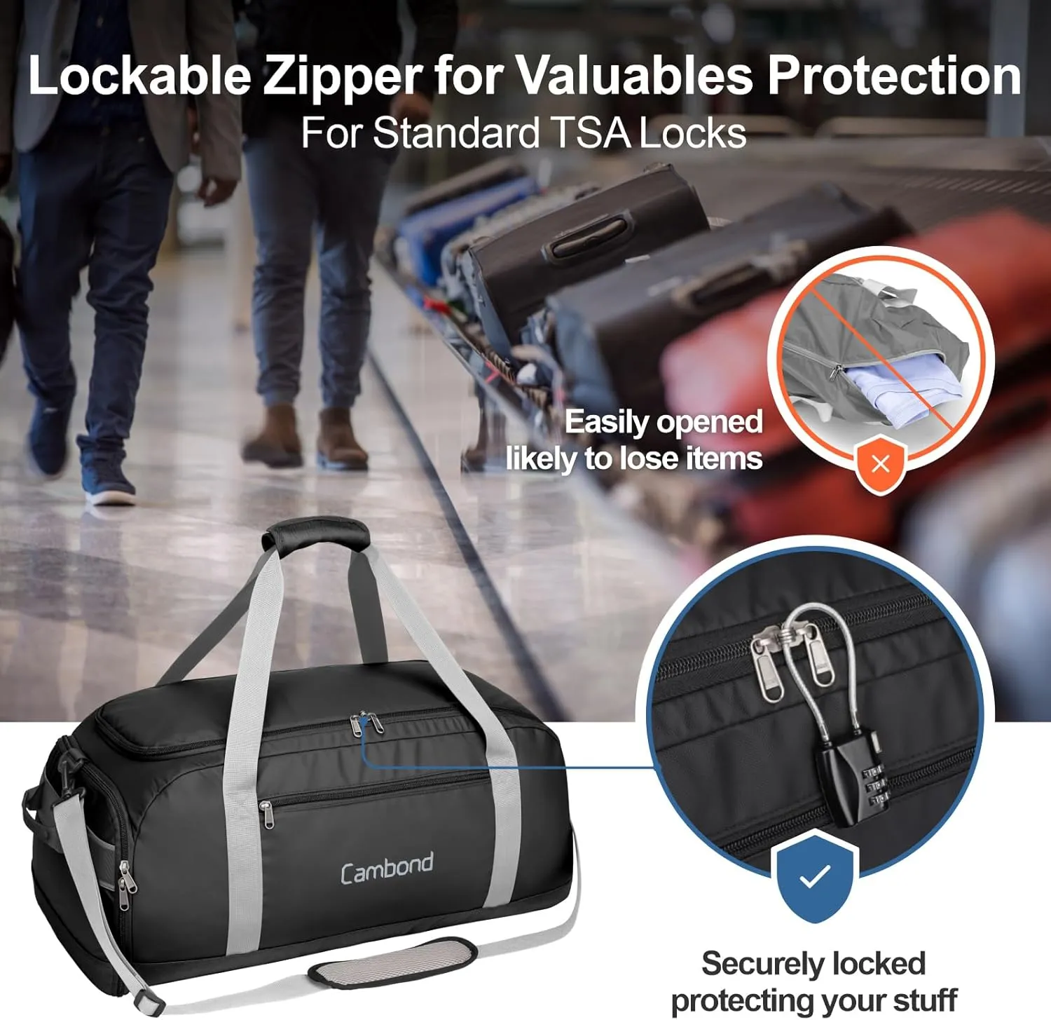 Cambond Airport Luggage Checked Bag - 50L Travel Duffle Bag for 3-4 Day Short Trip, Compact Foldable Travel Duffel Bags for Traveling with Shoe Compartment for Men Women, Checked Luggage, Black
