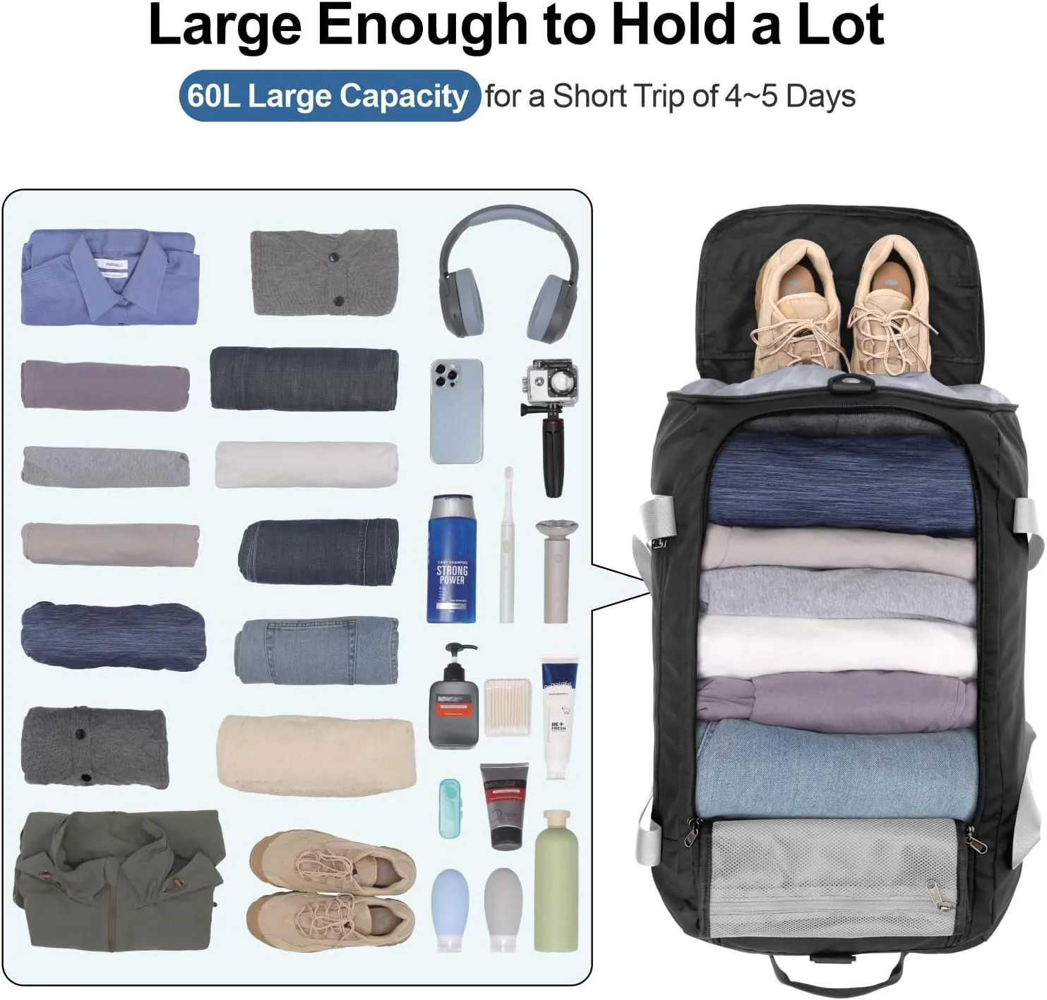 Cambond Airport Luggage Checked Bag - 60L Travel Duffle Bag for 4-5 Day Short Trip, Compact Foldable Travel Duffel Bags for Traveling with Shoe Compartment for Men Women, Checked Luggage, Black
