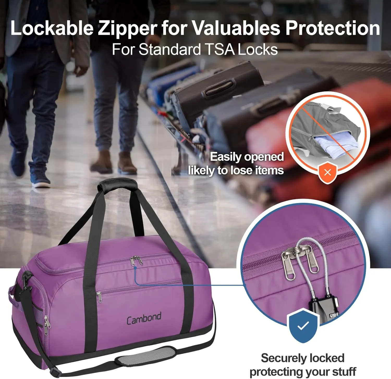 Cambond Airport Luggage Checked Bag - 80L Large Travel Duffle Bag for 5-7 Day Long Trip, Foldable Travel Duffel Bags for Traveling with Shoe Compartment for Men Women, Checked Luggage, Purple
