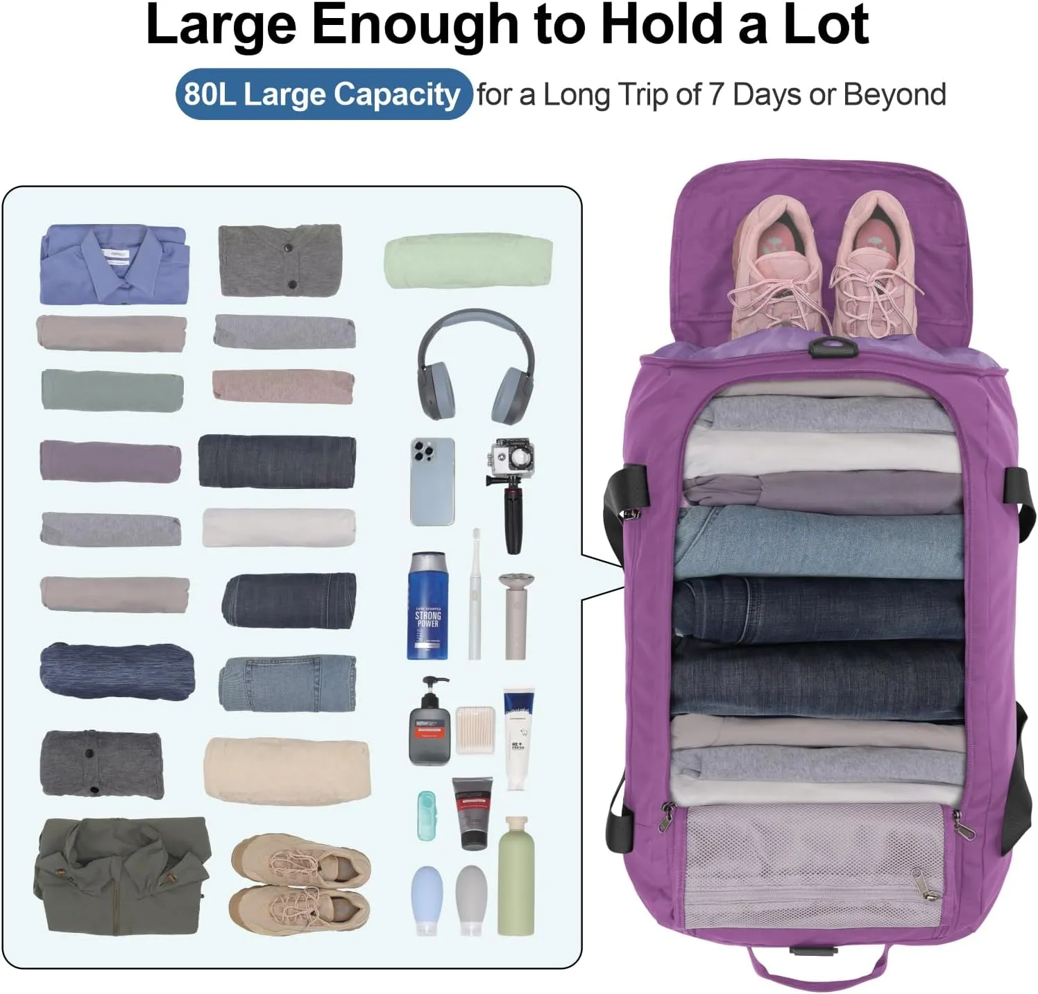 Cambond Airport Luggage Checked Bag - 80L Large Travel Duffle Bag for 5-7 Day Long Trip, Foldable Travel Duffel Bags for Traveling with Shoe Compartment for Men Women, Checked Luggage, Purple